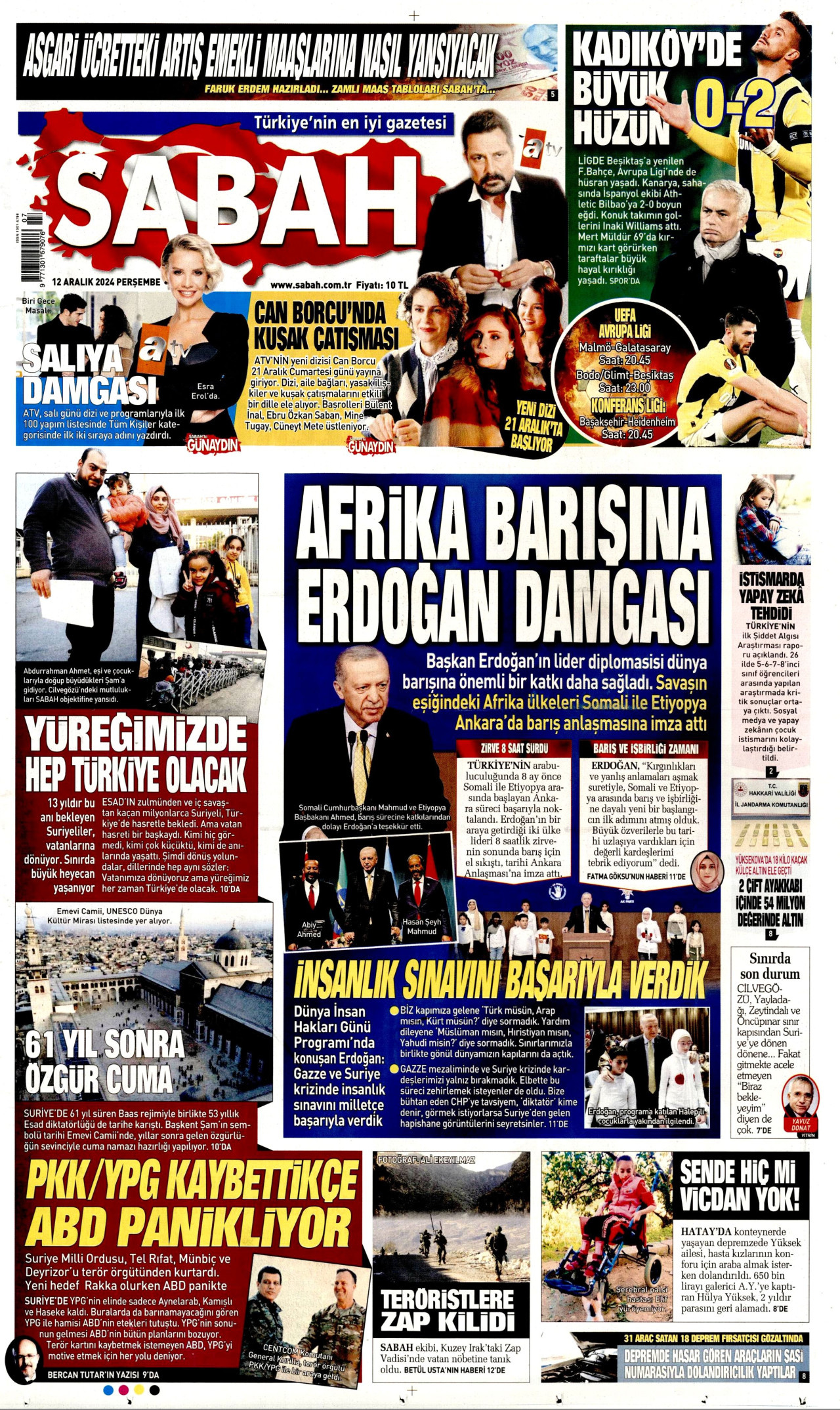 SABAH gazetesinin 12 Aralık 2024 tarihli birinci sayfası