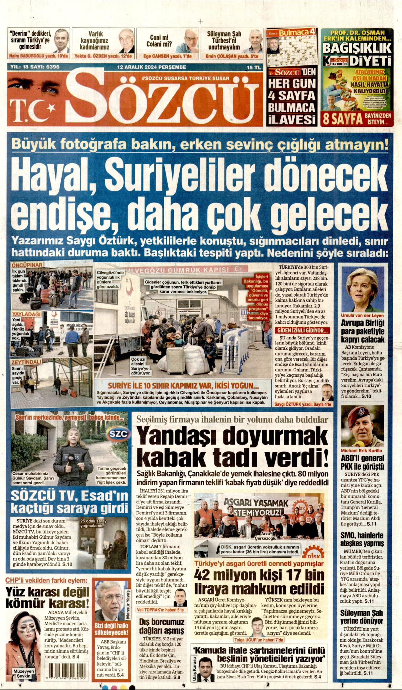 SÖZCÜ gazetesinin 12 Aralık 2024 tarihli birinci sayfası