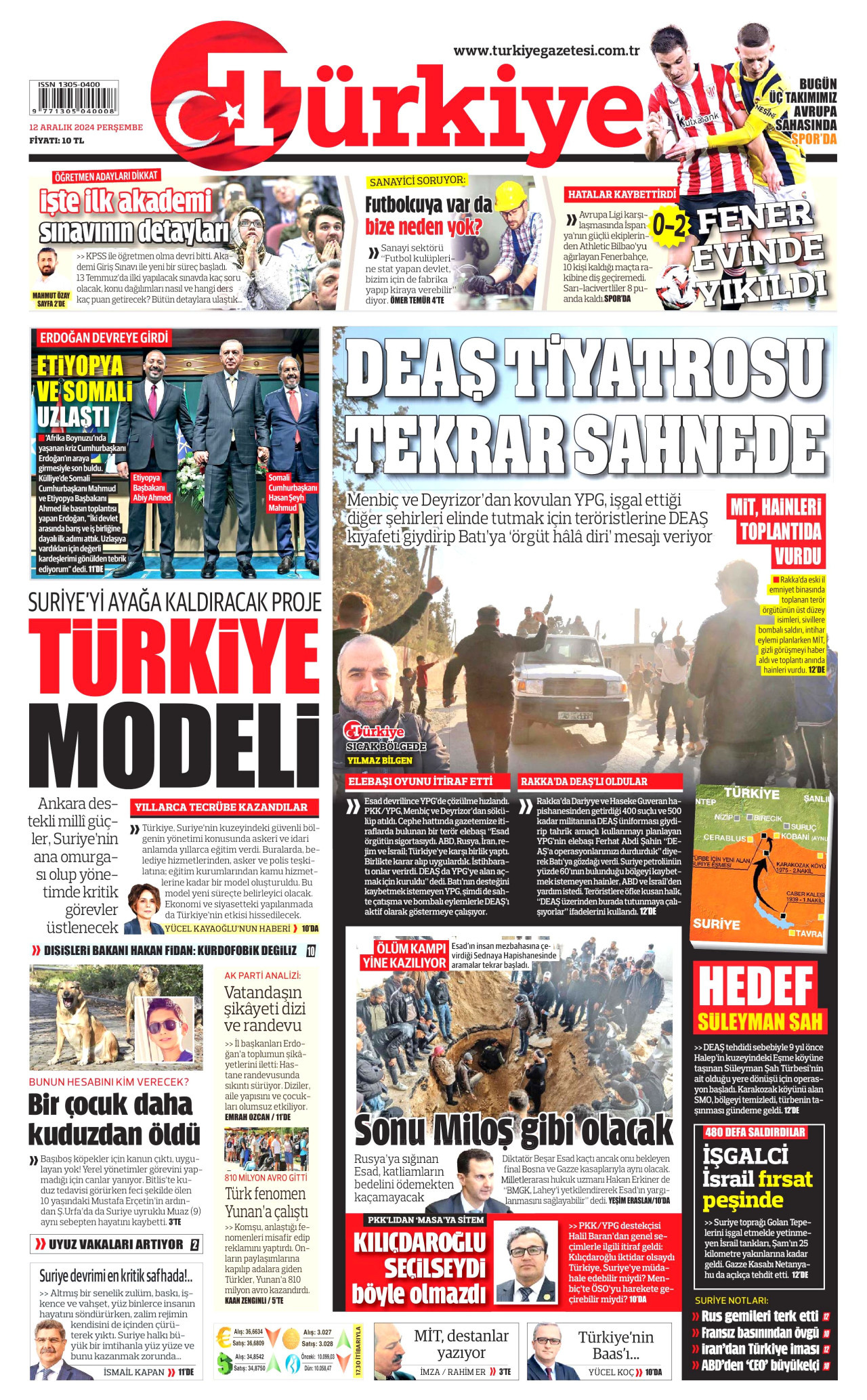 TÜRKİYE GAZETESİ gazetesinin 12 Aralık 2024 tarihli birinci sayfası