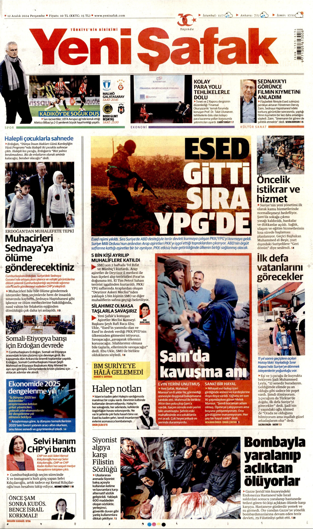 YENİ ŞAFAK gazetesinin 12 Aralık 2024 tarihli birinci sayfası
