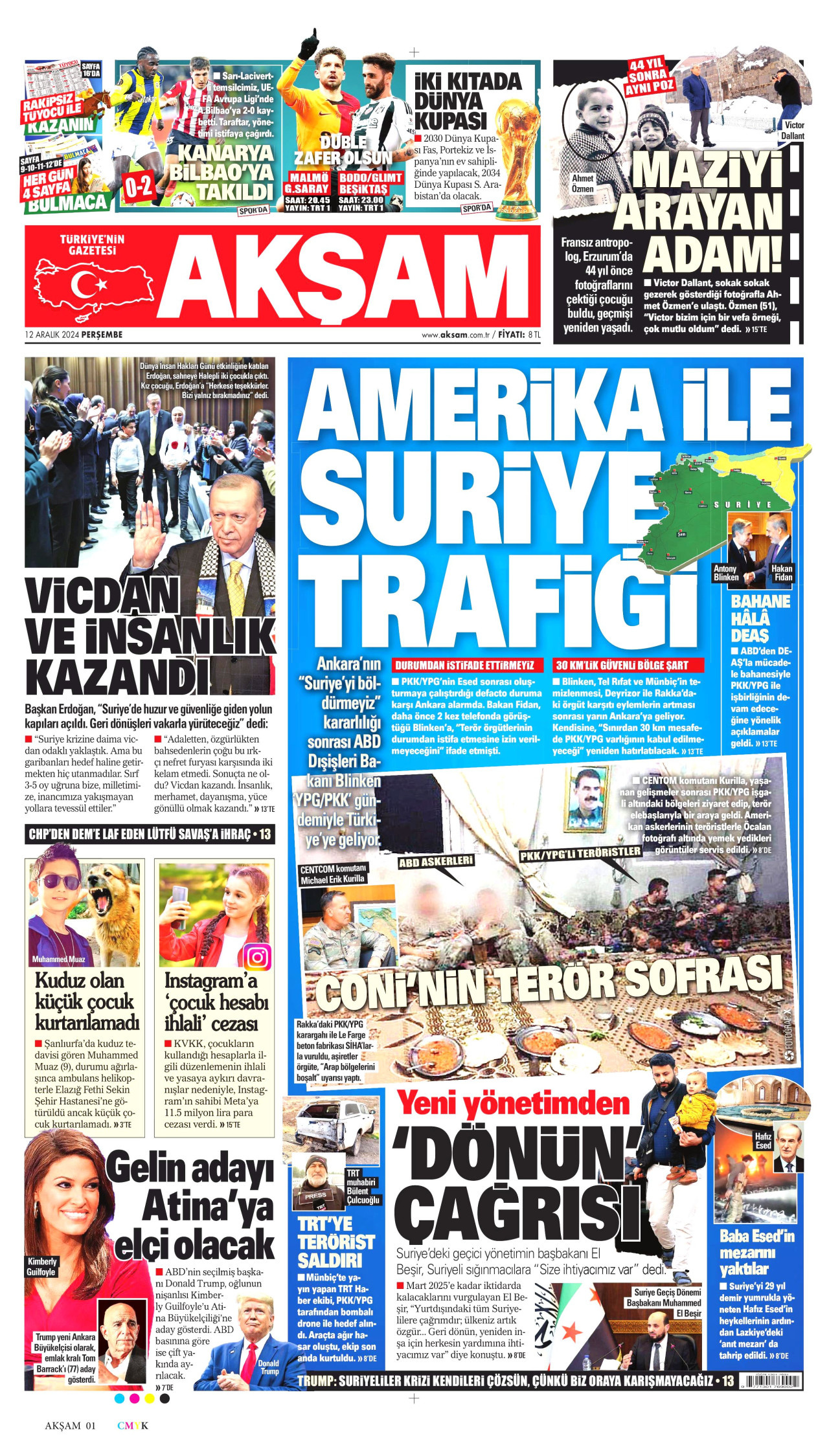 AKŞAM gazetesinin 12 Aralık 2024 tarihli birinci sayfası