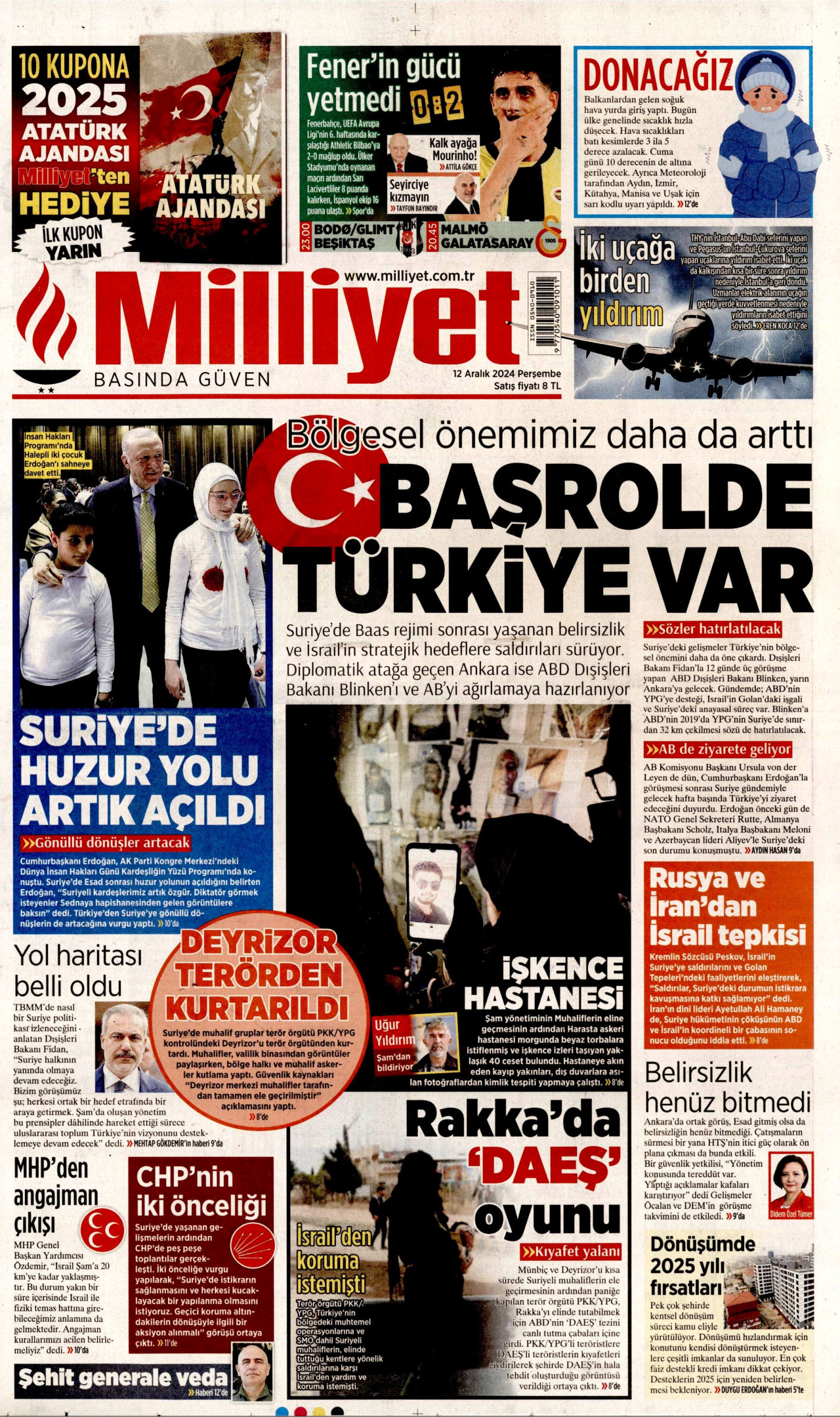 MİLLİYET gazetesinin 12 Aralık 2024 tarihli birinci sayfası