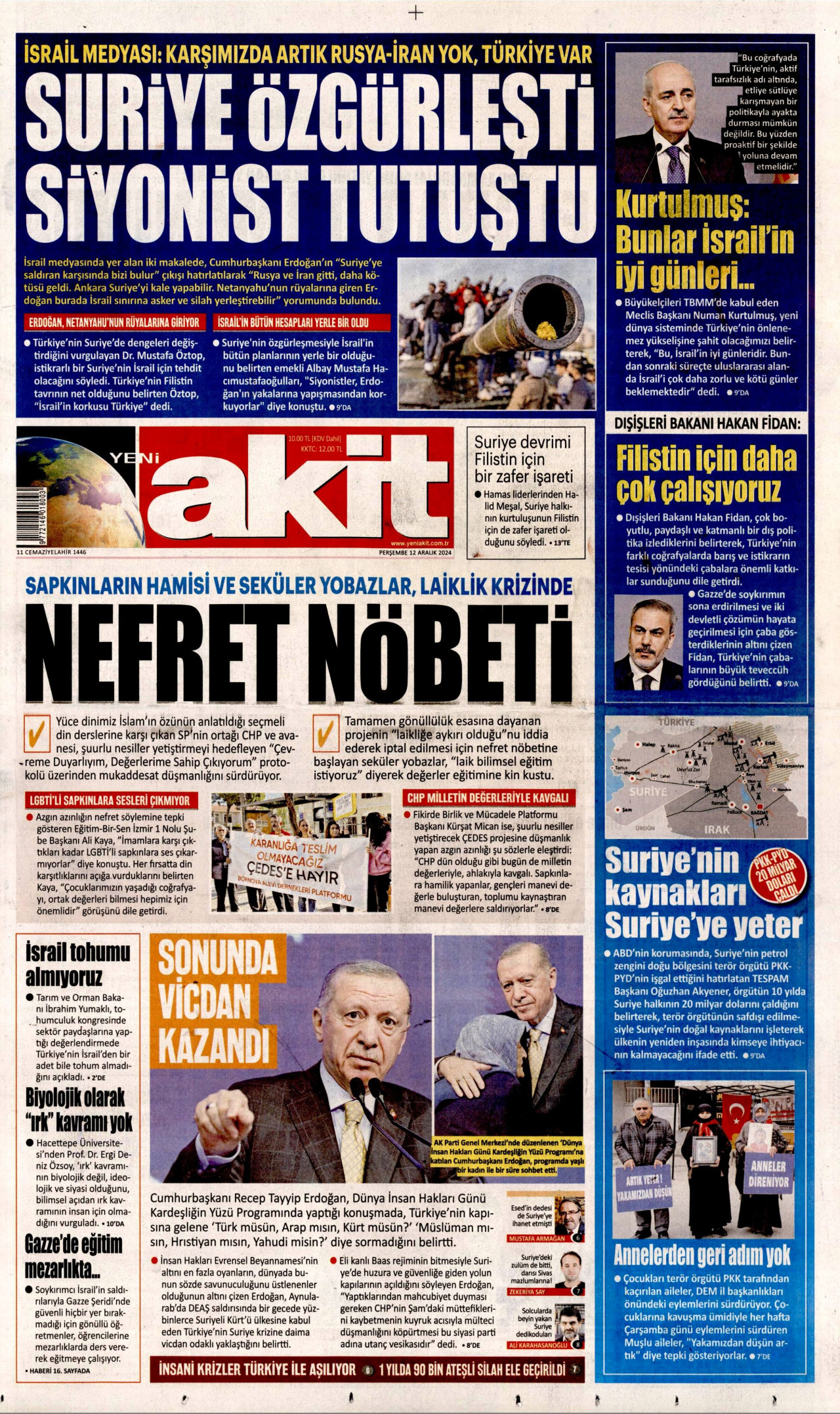 YENİ AKİT gazetesinin 12 Aralık 2024 tarihli birinci sayfası