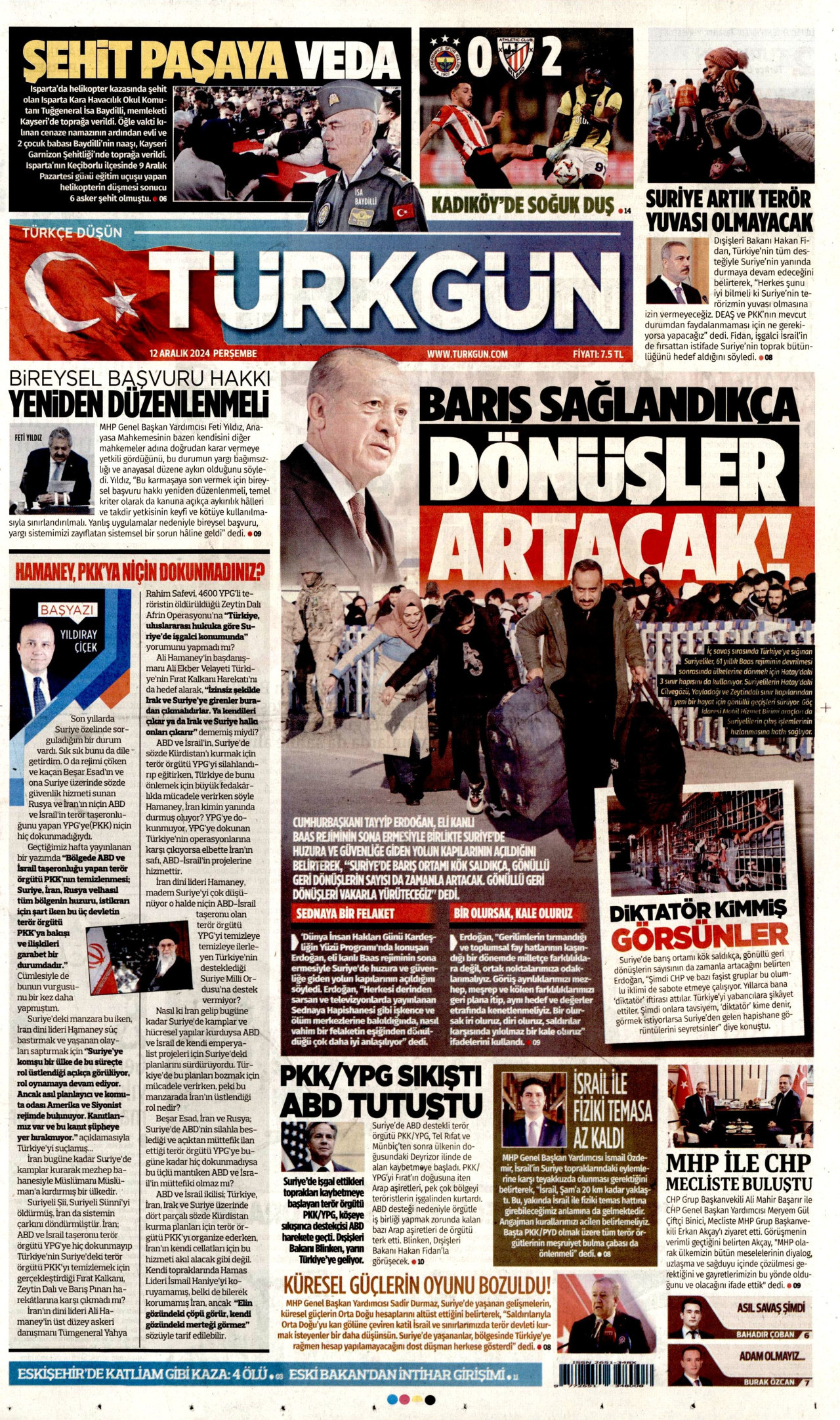 TÜRKGÜN gazetesinin 12 Aralık 2024 tarihli birinci sayfası
