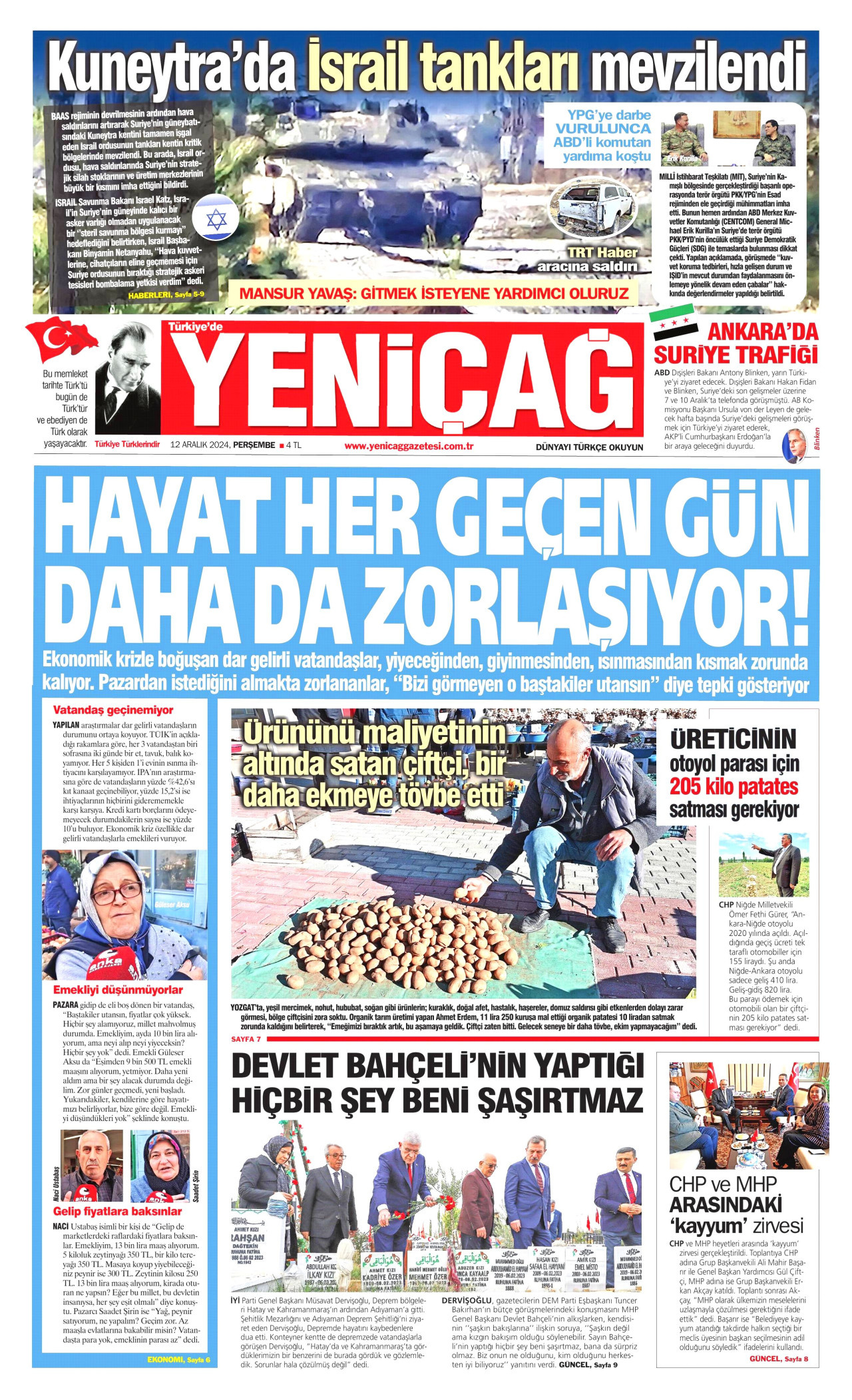 YENİÇAĞ gazetesinin 12 Aralık 2024 tarihli birinci sayfası