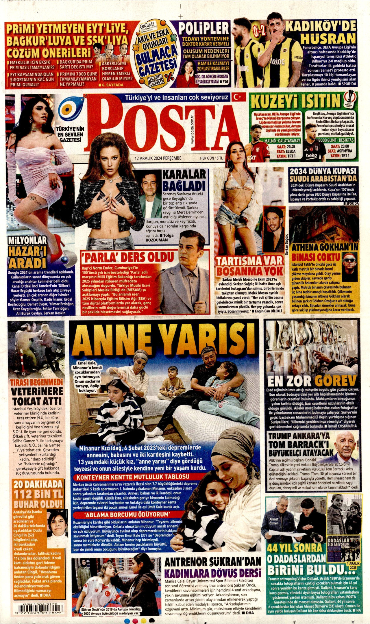 POSTA gazetesinin 12 Aralık 2024 tarihli birinci sayfası