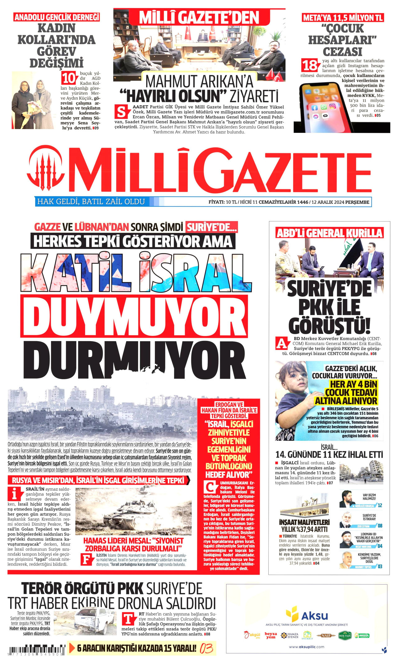 MİLLİ GAZETE gazetesinin 12 Aralık 2024 tarihli birinci sayfası