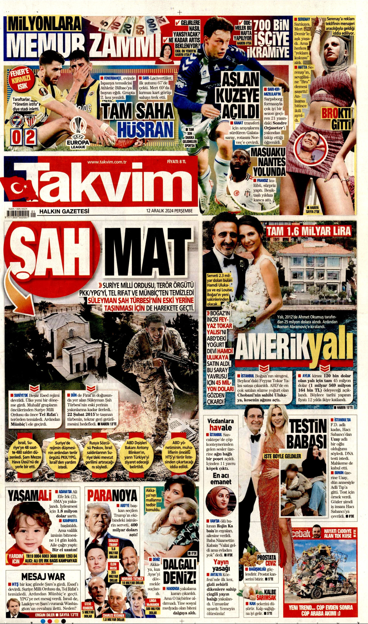 TAKVİM gazetesinin 12 Aralık 2024 tarihli birinci sayfası
