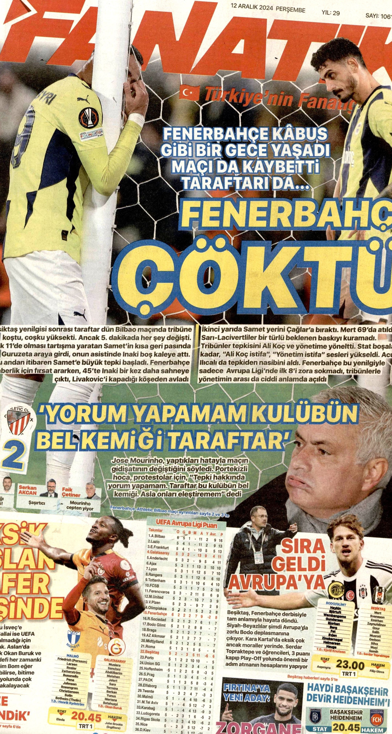 FANATİK gazetesinin 12 Aralık 2024 tarihli birinci sayfası