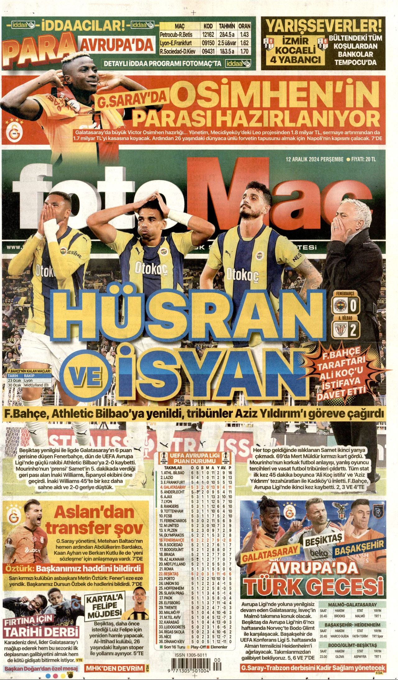 FOTOMAÇ gazetesinin 12 Aralık 2024 tarihli birinci sayfası