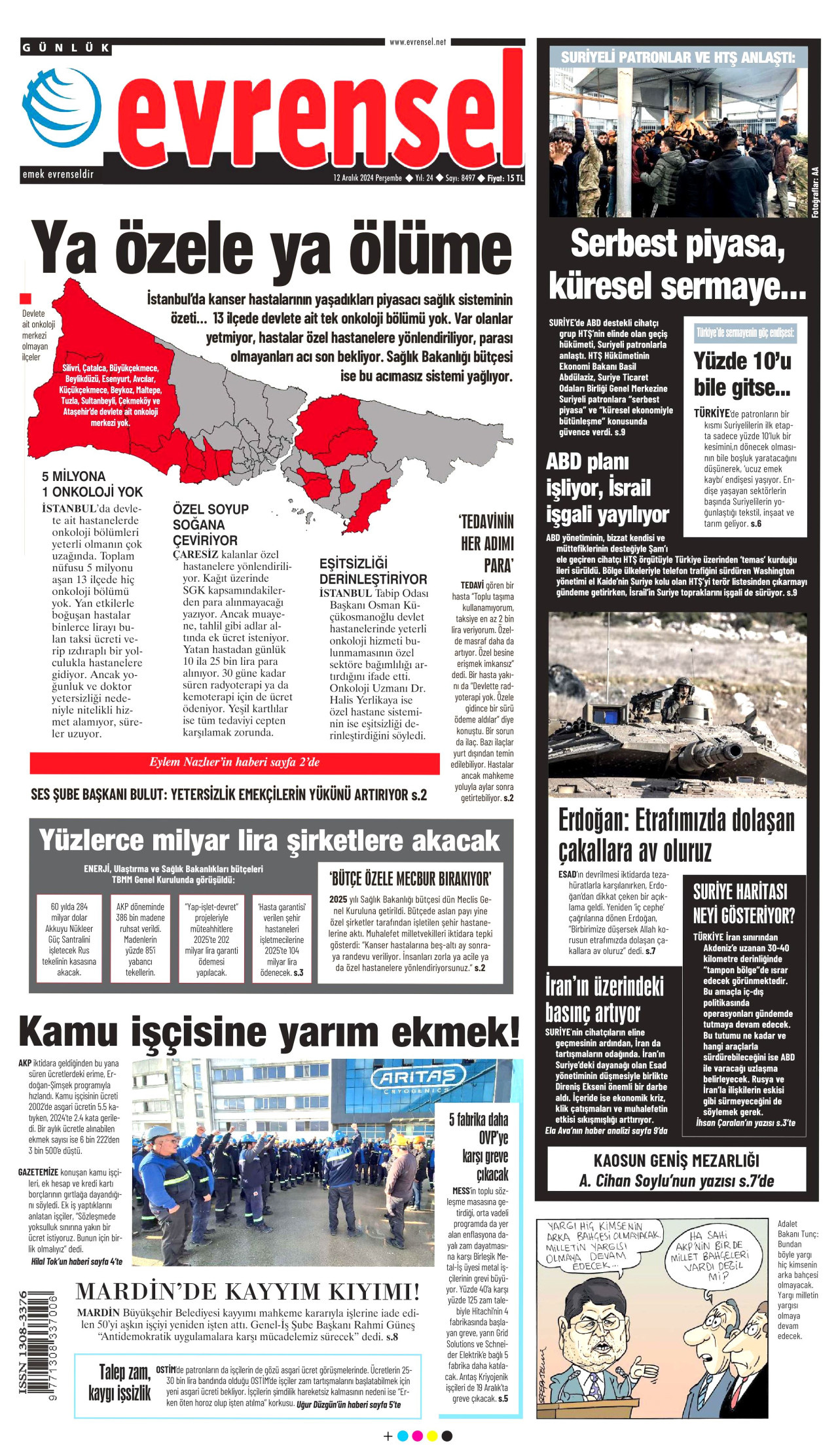 EVRENSEL gazetesinin 12 Aralık 2024 tarihli birinci sayfası