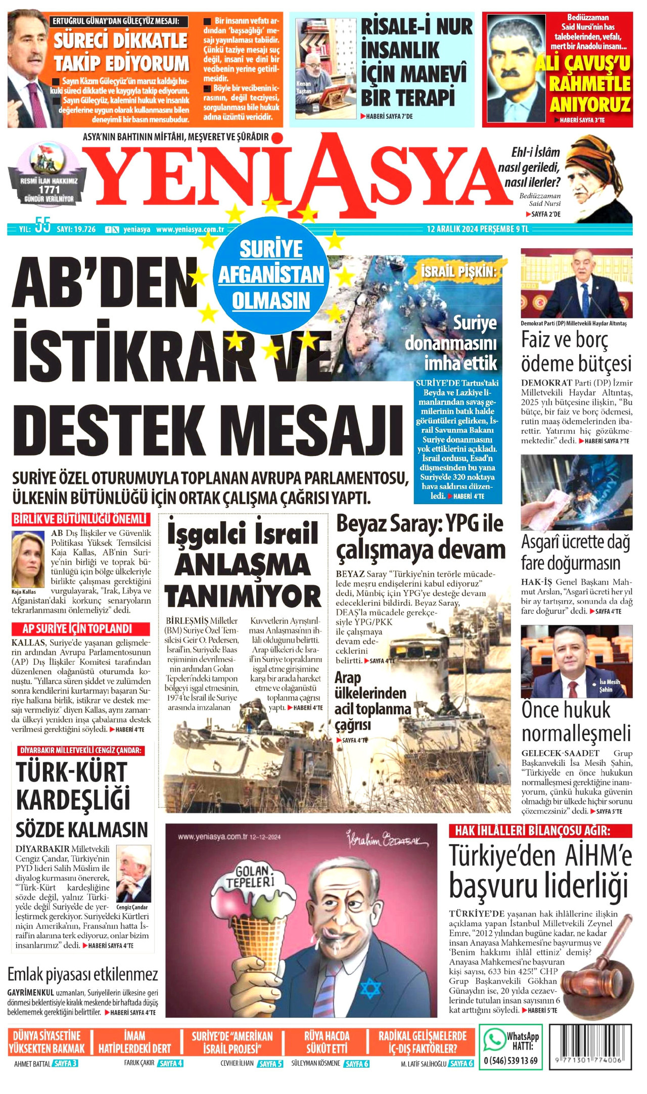YENİ ASYA gazetesinin 12 Aralık 2024 tarihli birinci sayfası