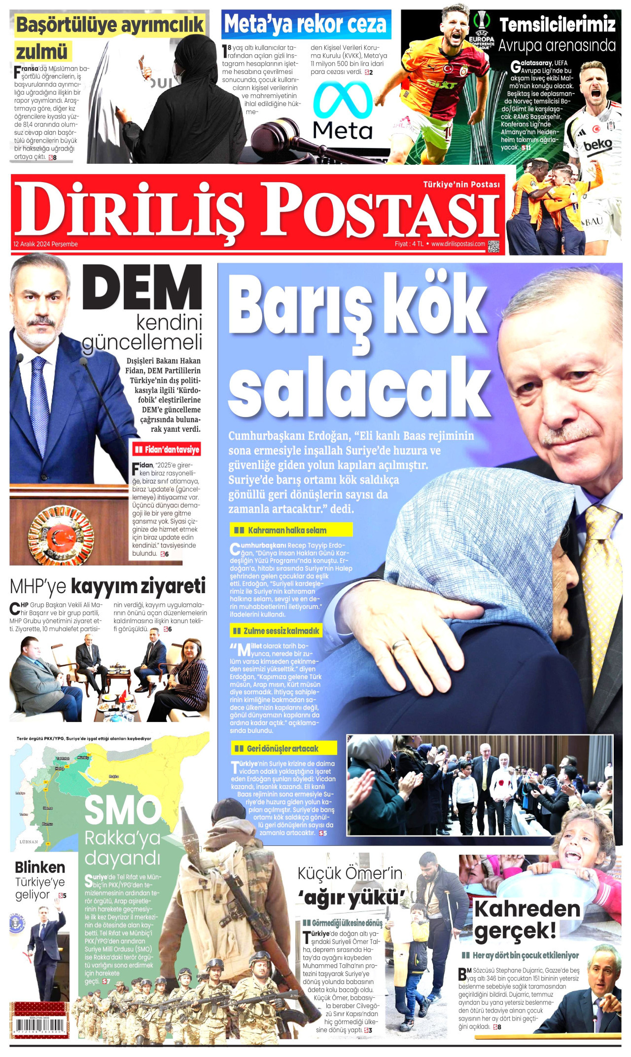DİRİLİŞ POSTASI gazetesinin 12 Aralık 2024 tarihli birinci sayfası