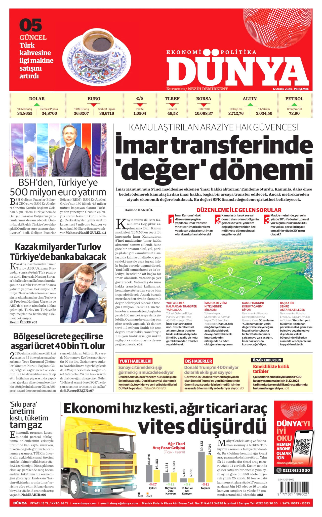 DÜNYA gazetesinin 12 Aralık 2024 tarihli birinci sayfası