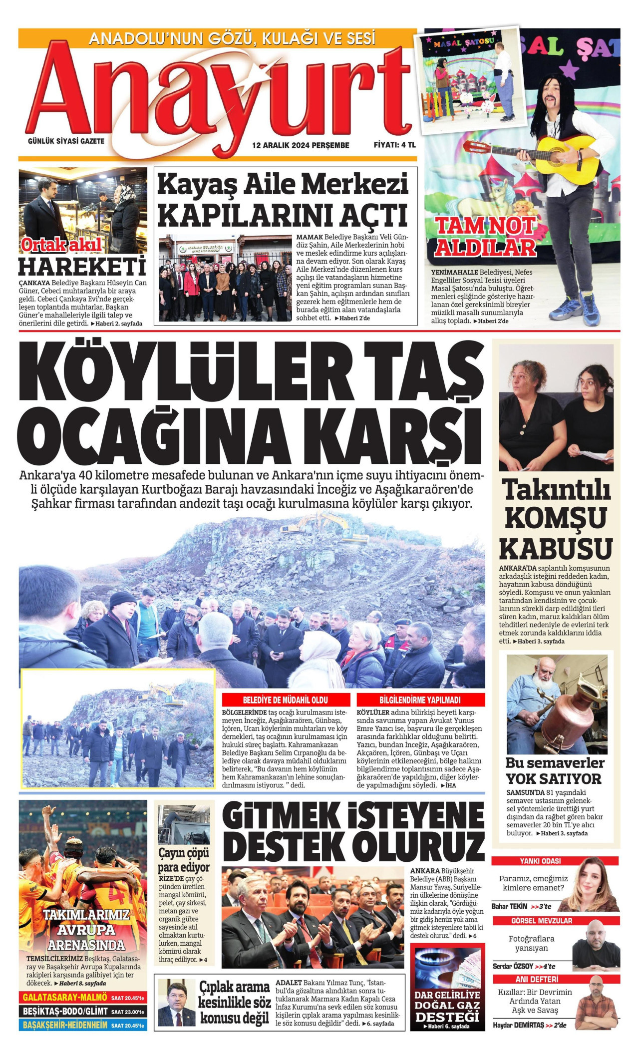 ANAYURT gazetesinin 12 Aralık 2024 tarihli birinci sayfası