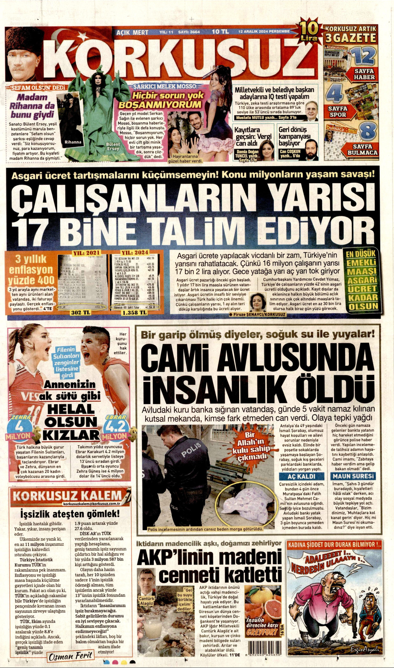KORKUSUZ gazetesinin 12 Aralık 2024 tarihli birinci sayfası