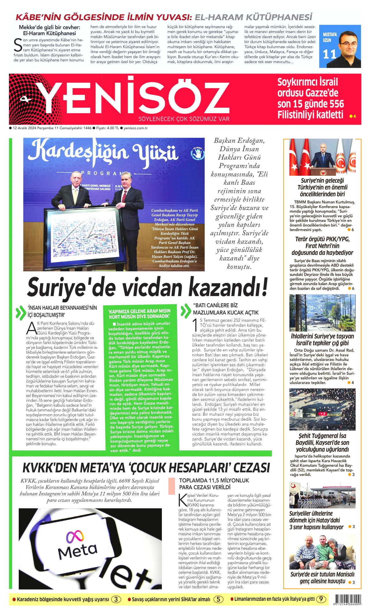 YENİ SÖZ GAZETESİ gazetesinin 12 Aralık 2024 tarihli birinci sayfası
