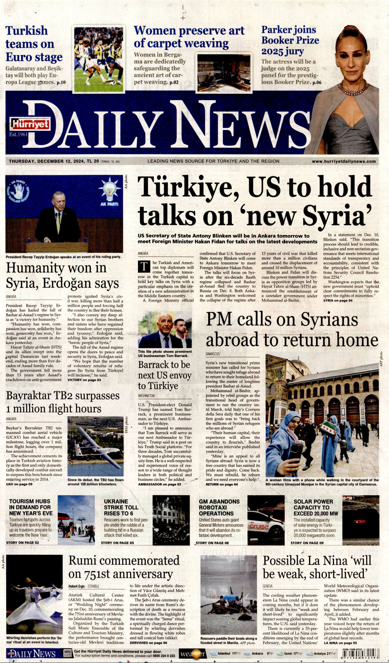 HÜRRİYET DAİLY NEWS gazetesinin 12 Aralık 2024 tarihli birinci sayfası