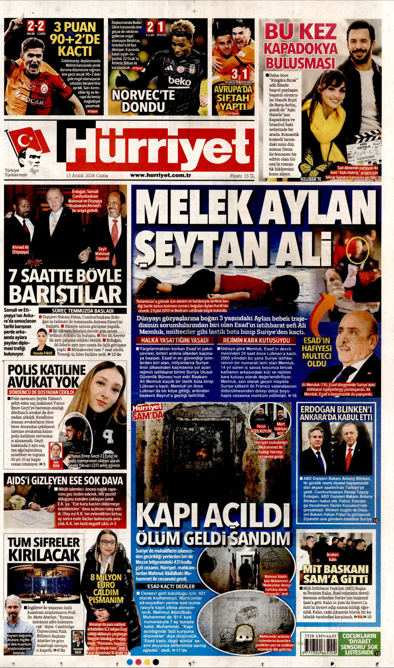 HÜRRİYET gazetesinin 13 Aralık 2024 tarihli birinci sayfası
