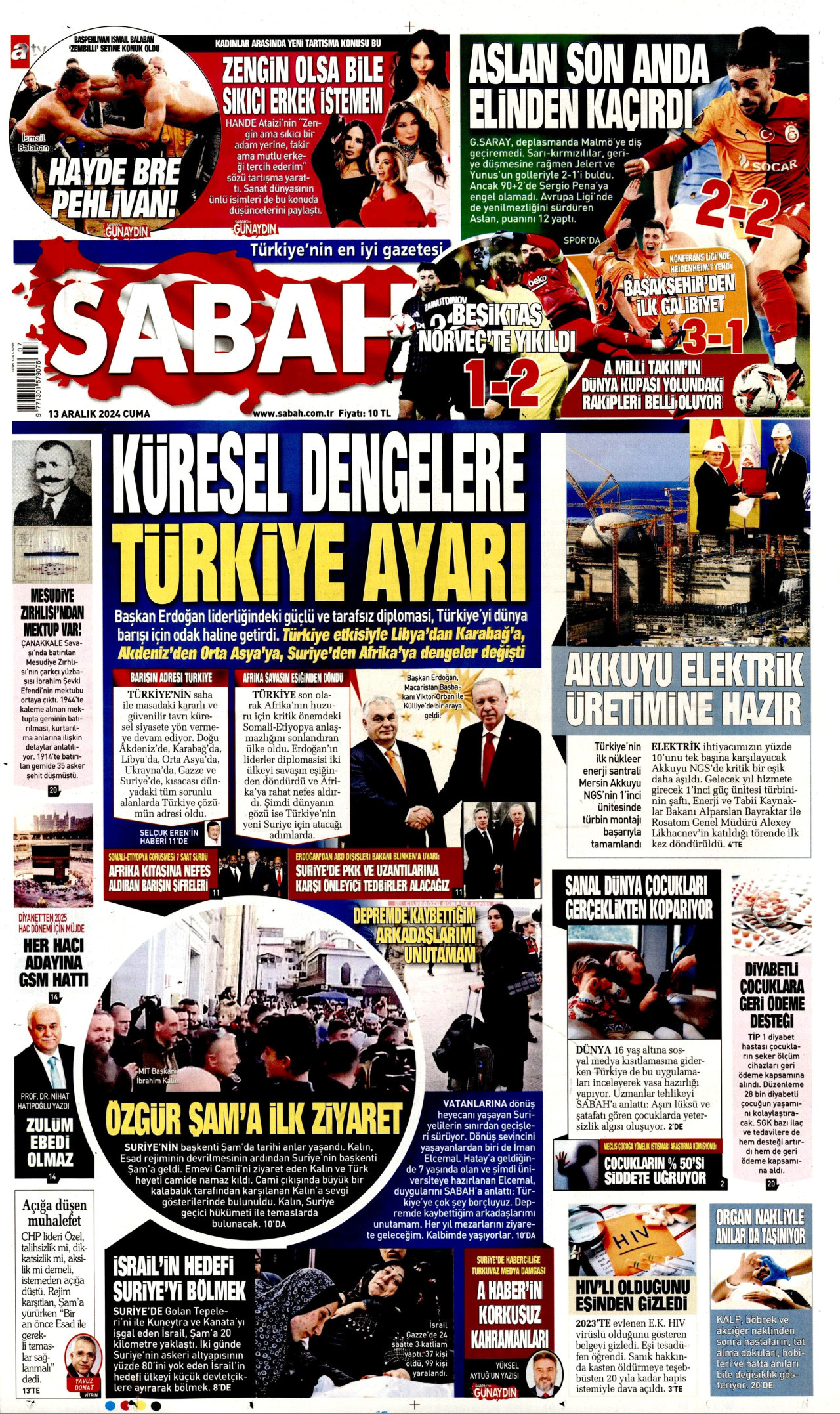 SABAH gazetesinin 13 Aralık 2024 tarihli birinci sayfası