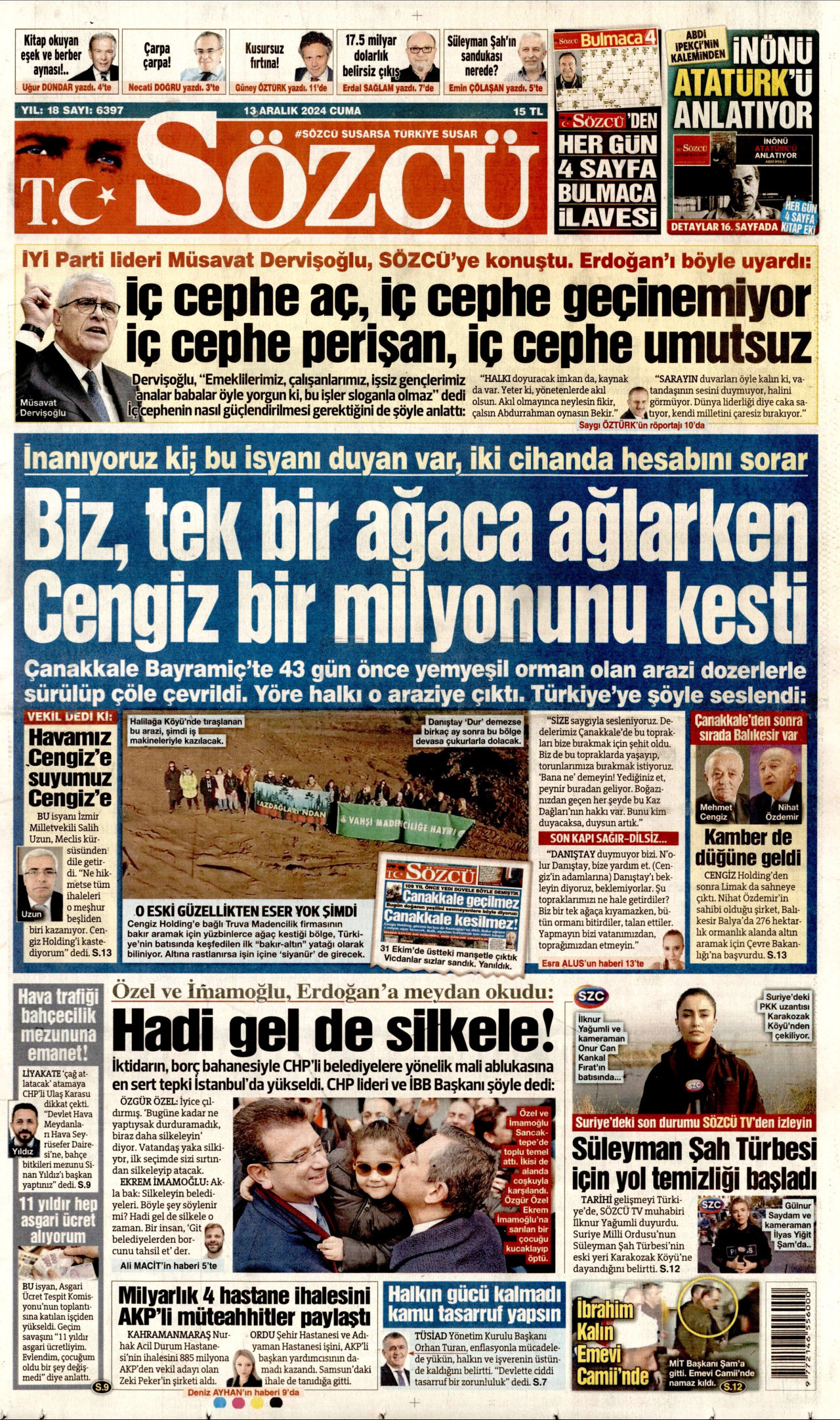 SÖZCÜ gazetesinin 13 Aralık 2024 tarihli birinci sayfası
