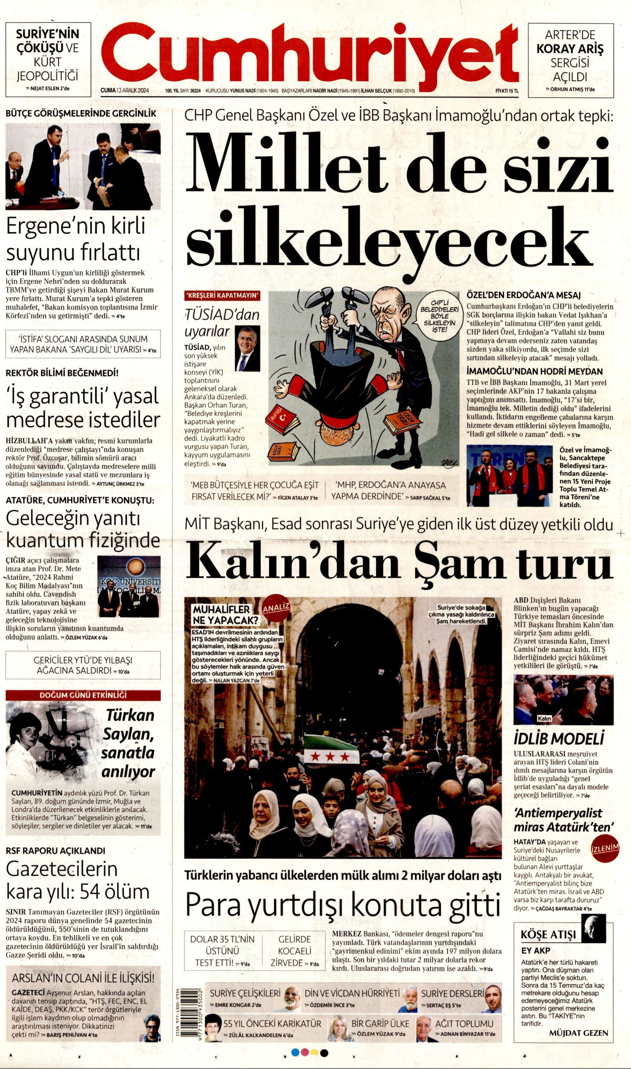 CUMHURİYET gazetesinin 13 Aralık 2024 tarihli birinci sayfası