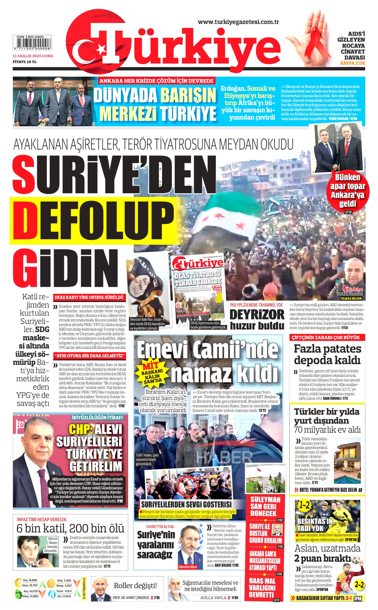 TÜRKİYE GAZETESİ gazetesinin 13 Aralık 2024 tarihli birinci sayfası