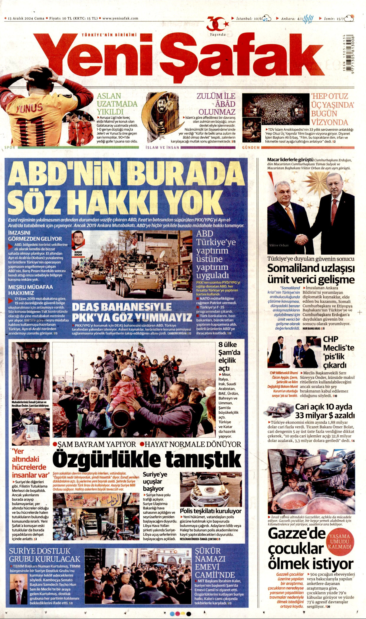 YENİ ŞAFAK gazetesinin 13 Aralık 2024 tarihli birinci sayfası