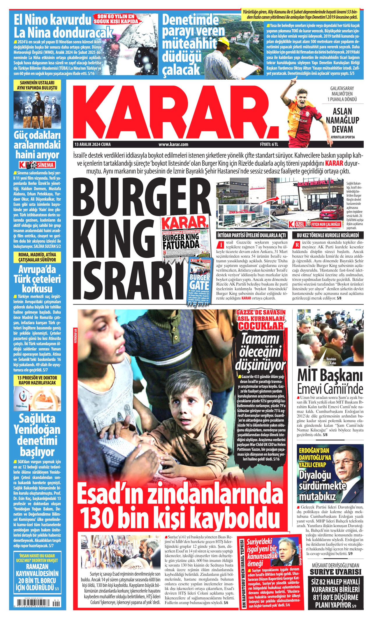 KARAR gazetesinin 13 Aralık 2024 tarihli birinci sayfası