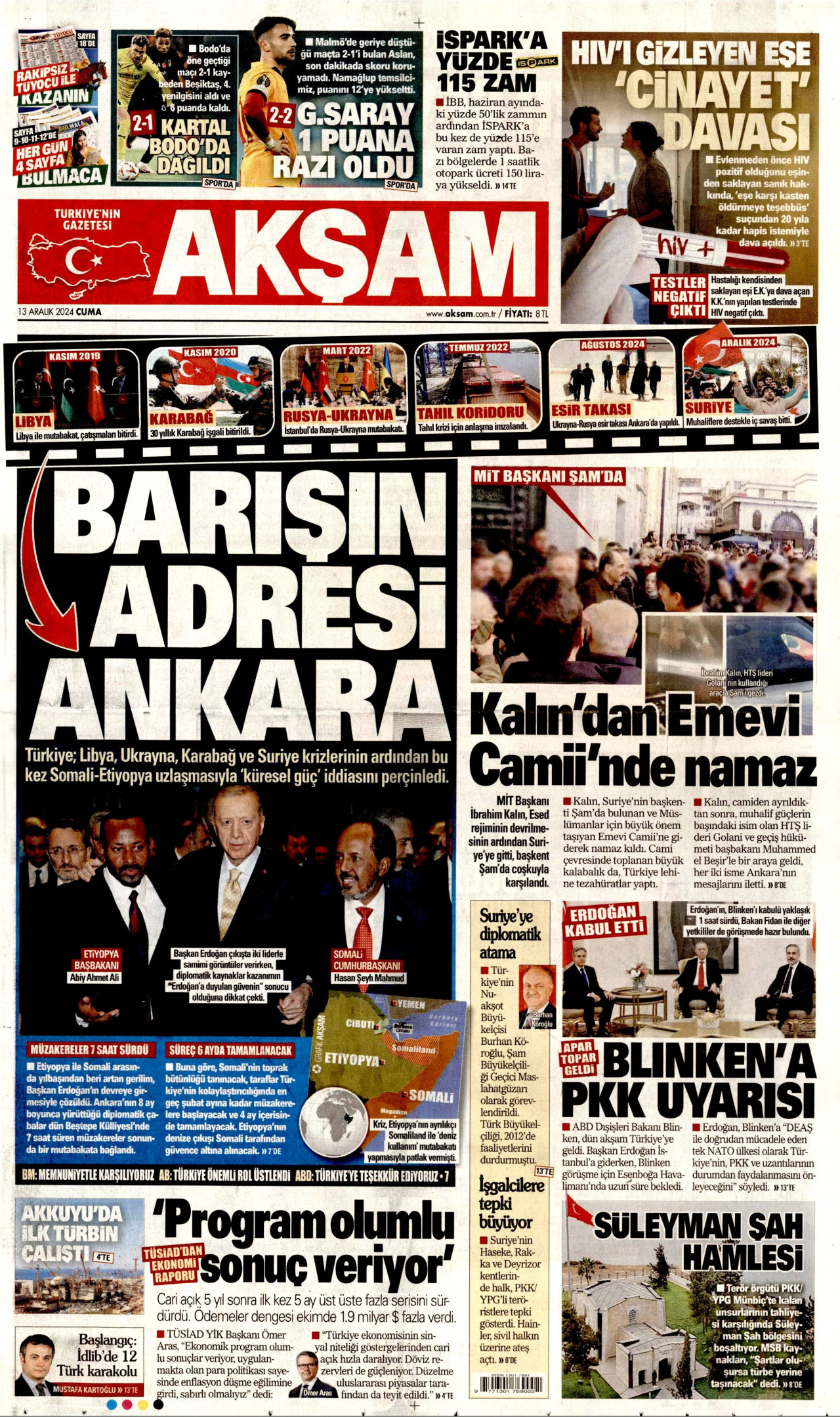 AKŞAM gazetesinin 13 Aralık 2024 tarihli birinci sayfası