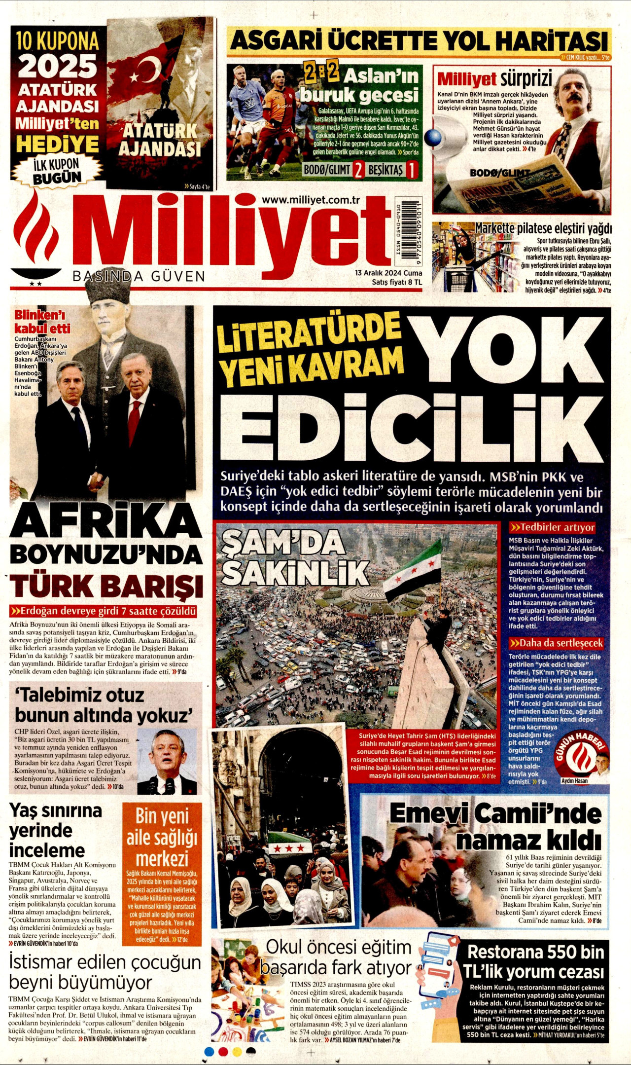 MİLLİYET gazetesinin 13 Aralık 2024 tarihli birinci sayfası