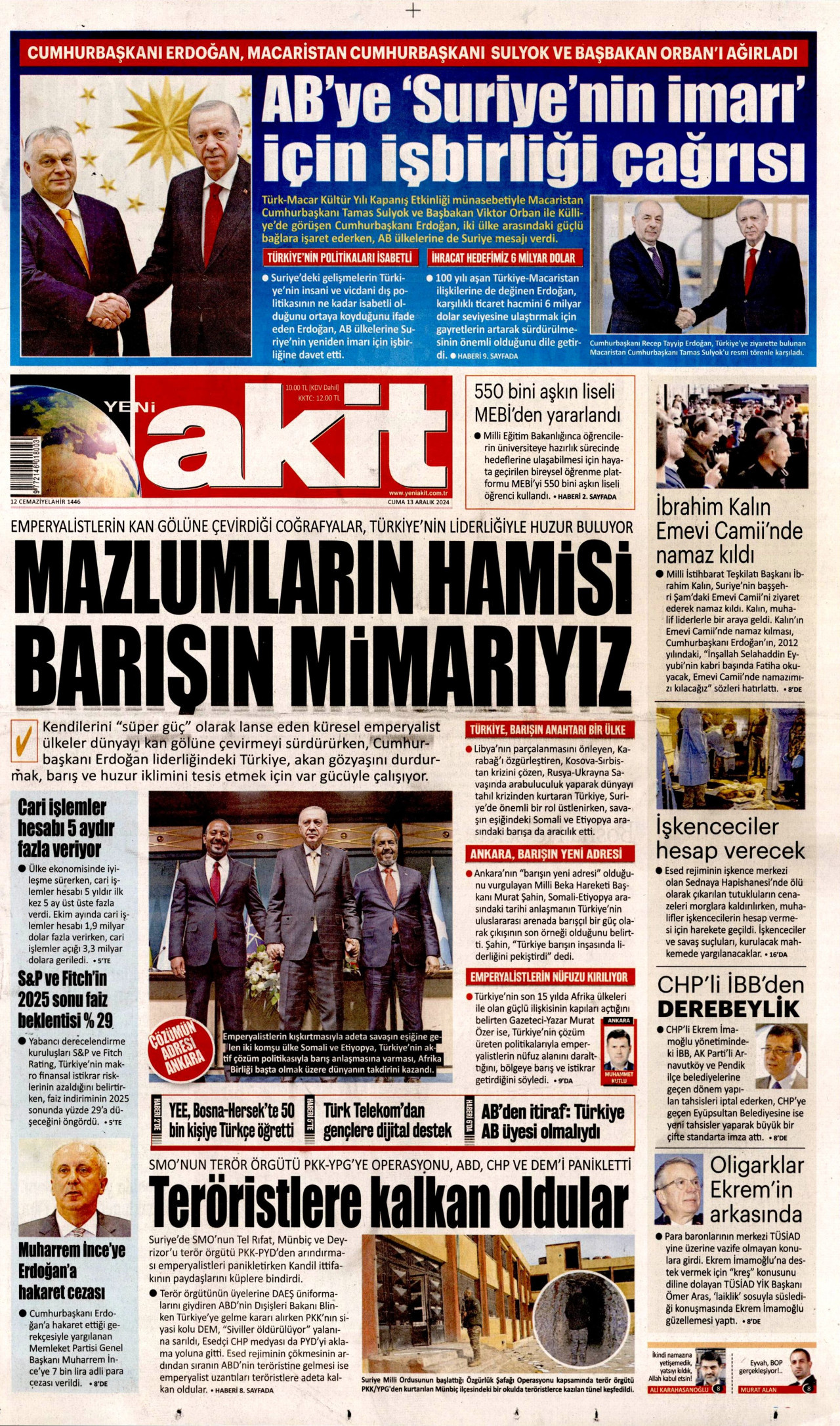 YENİ AKİT gazetesinin 13 Aralık 2024 tarihli birinci sayfası