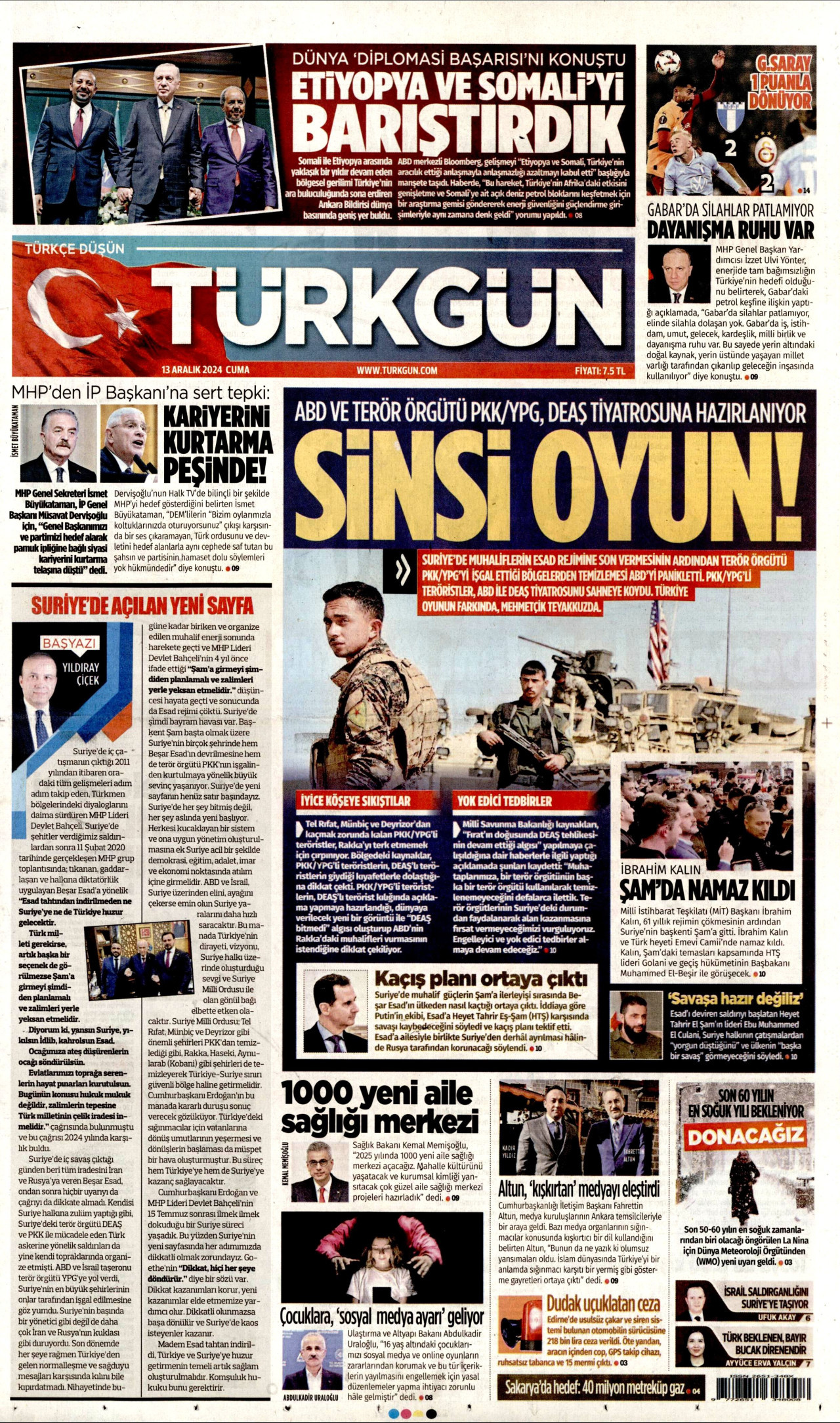 TÜRKGÜN gazetesinin 13 Aralık 2024 tarihli birinci sayfası