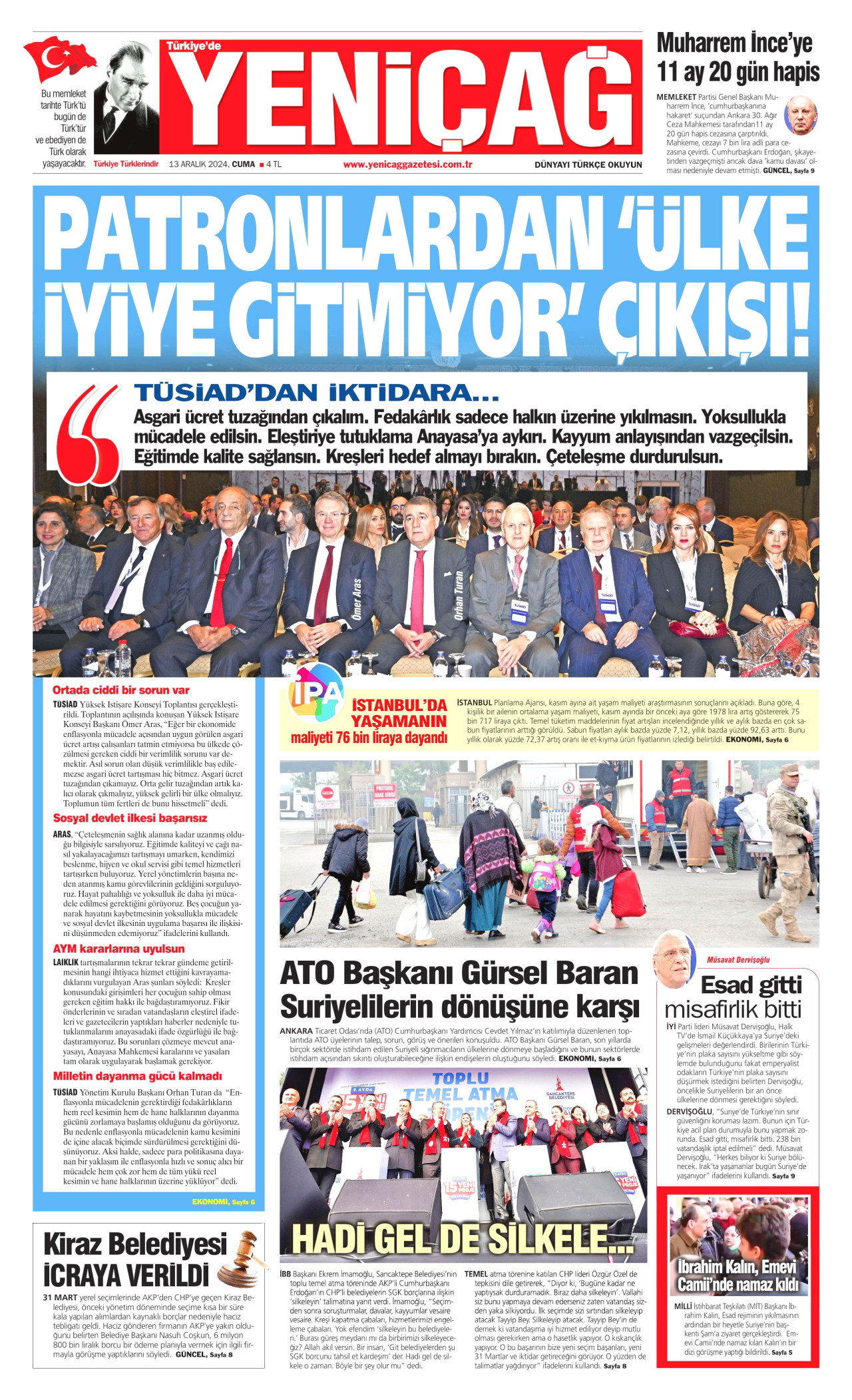 YENİÇAĞ gazetesinin 13 Aralık 2024 tarihli birinci sayfası