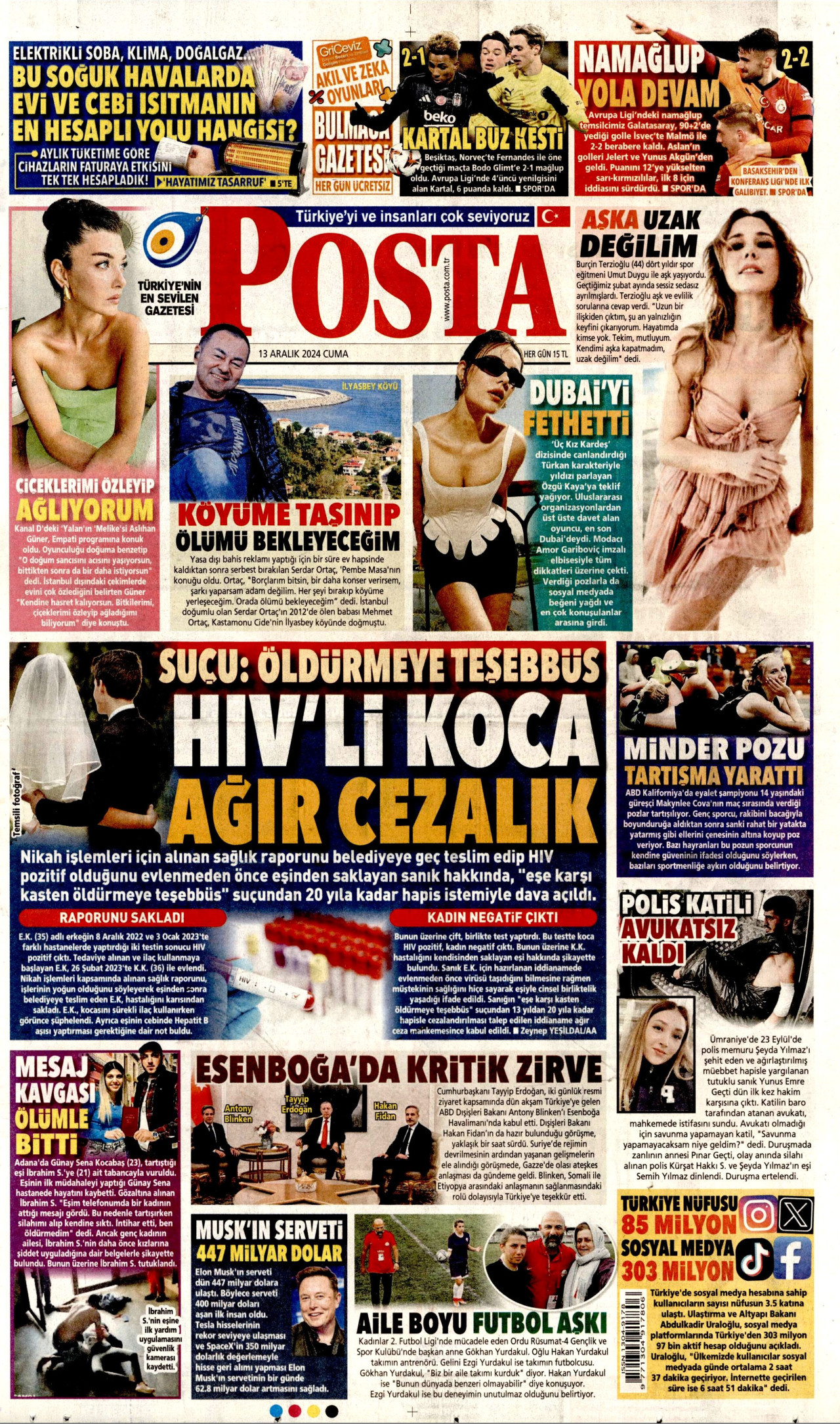 POSTA gazetesinin 13 Aralık 2024 tarihli birinci sayfası