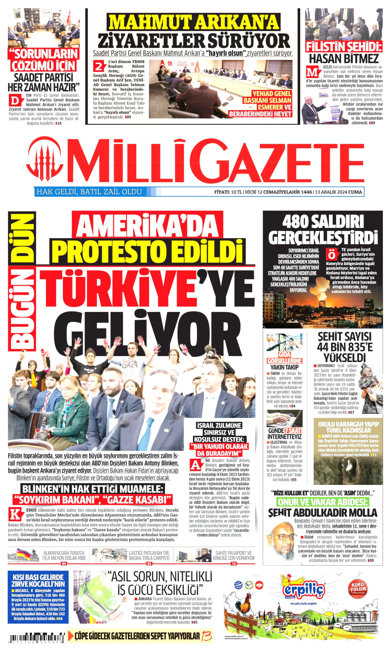 MİLLİ GAZETE gazetesinin 13 Aralık 2024 tarihli birinci sayfası