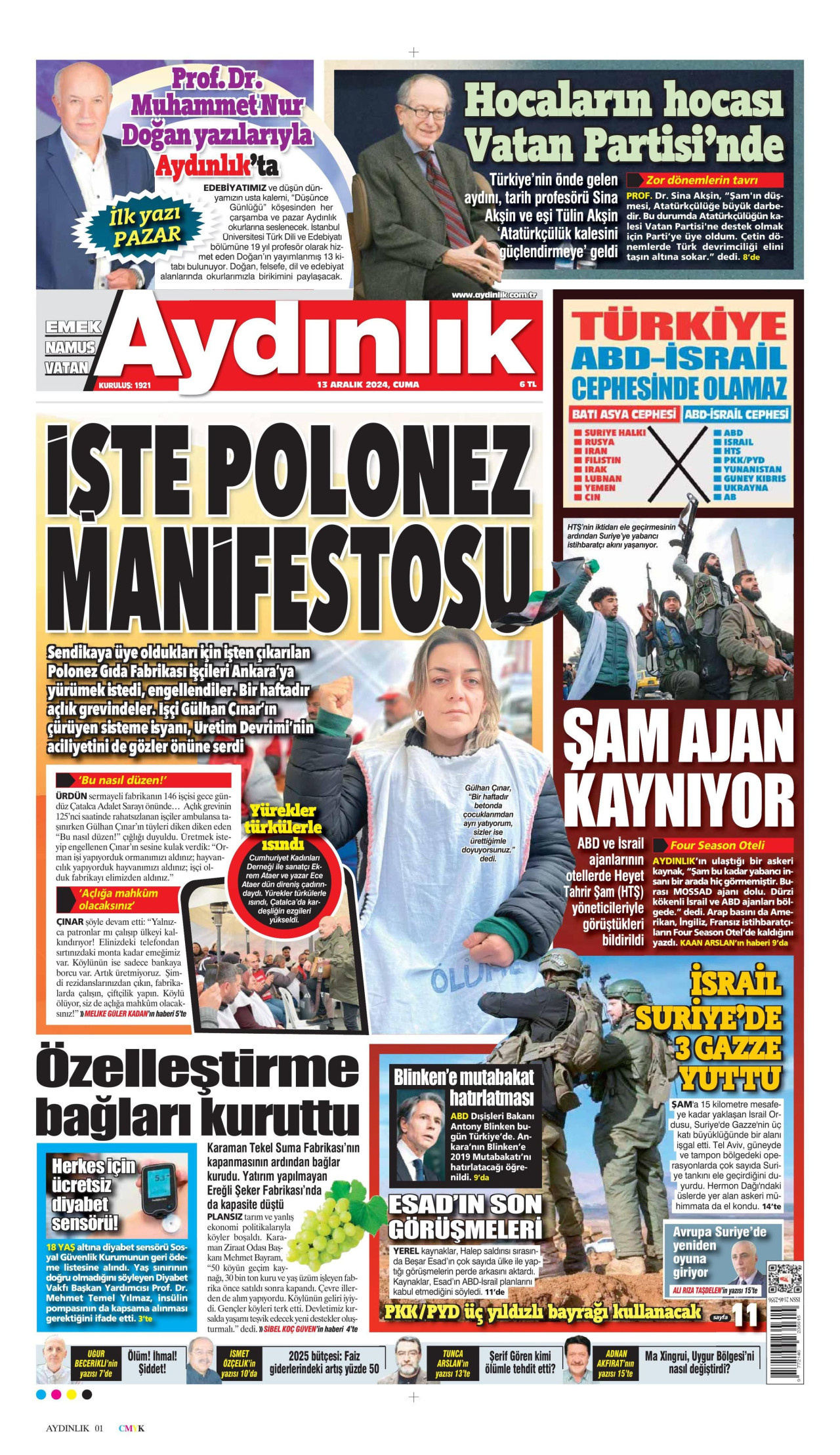AYDINLIK GAZETESİ gazetesinin 13 Aralık 2024 tarihli birinci sayfası
