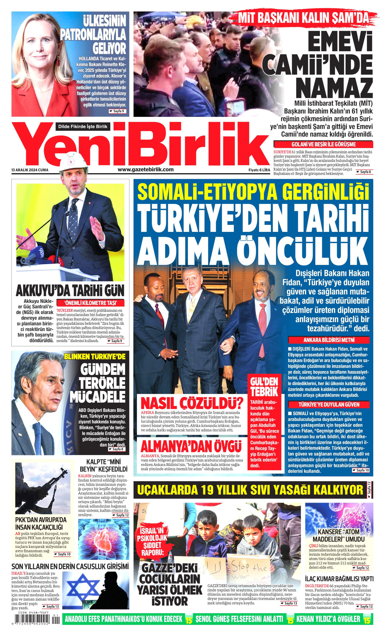 YENİBİRLİK gazetesinin 13 Aralık 2024 tarihli birinci sayfası