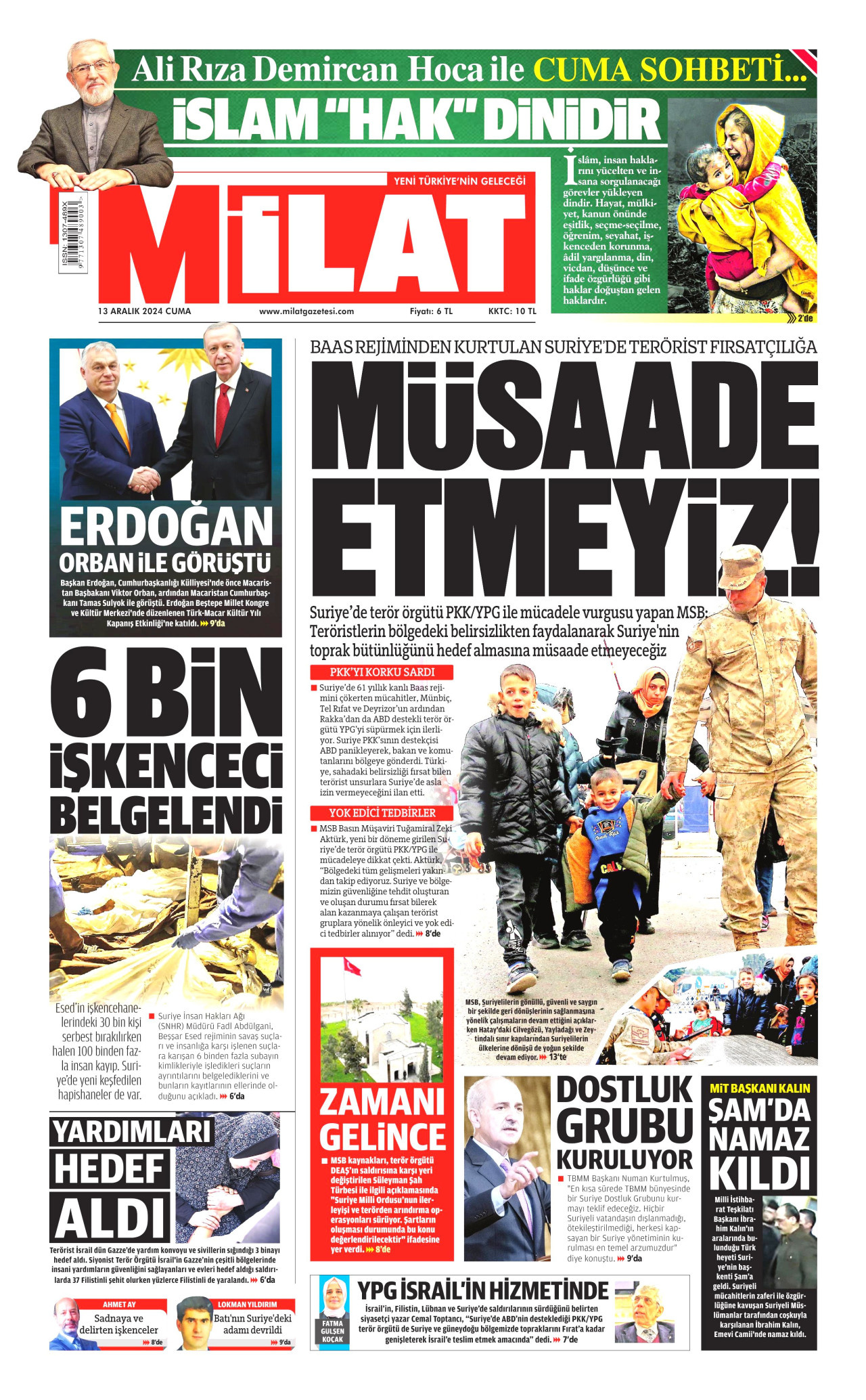 MİLAT gazetesinin 13 Aralık 2024 tarihli birinci sayfası