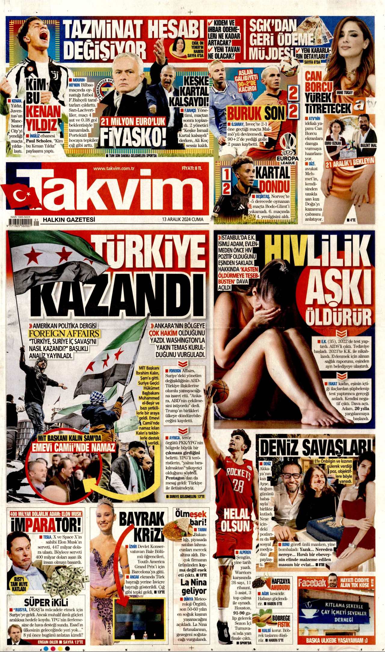 TAKVİM gazetesinin 13 Aralık 2024 tarihli birinci sayfası