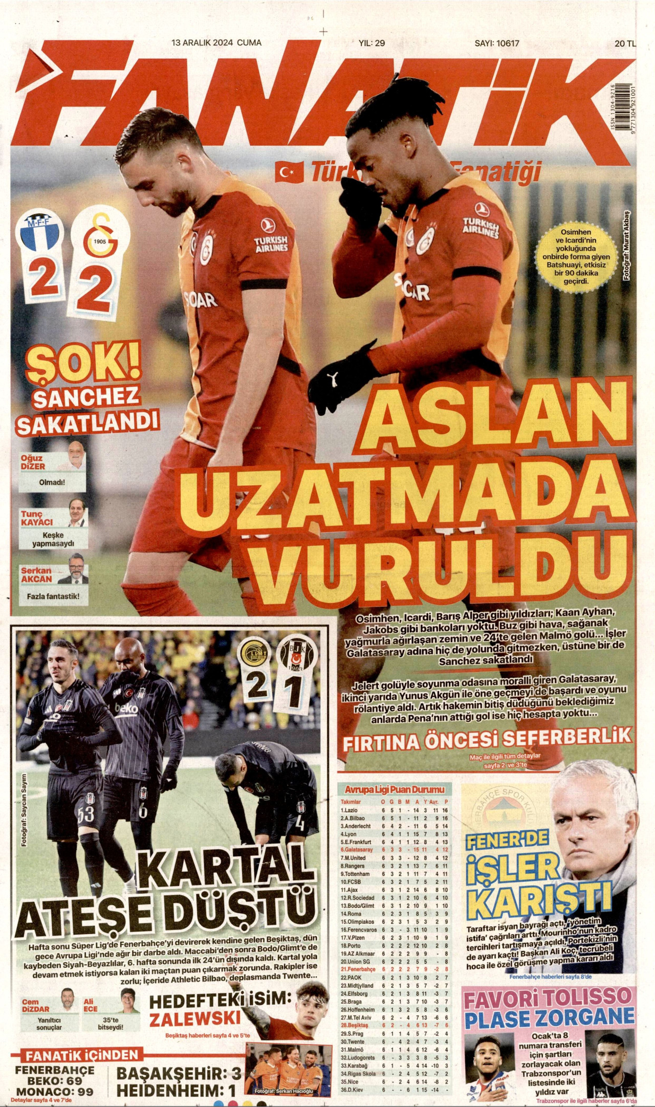 FANATİK gazetesinin 13 Aralık 2024 tarihli birinci sayfası