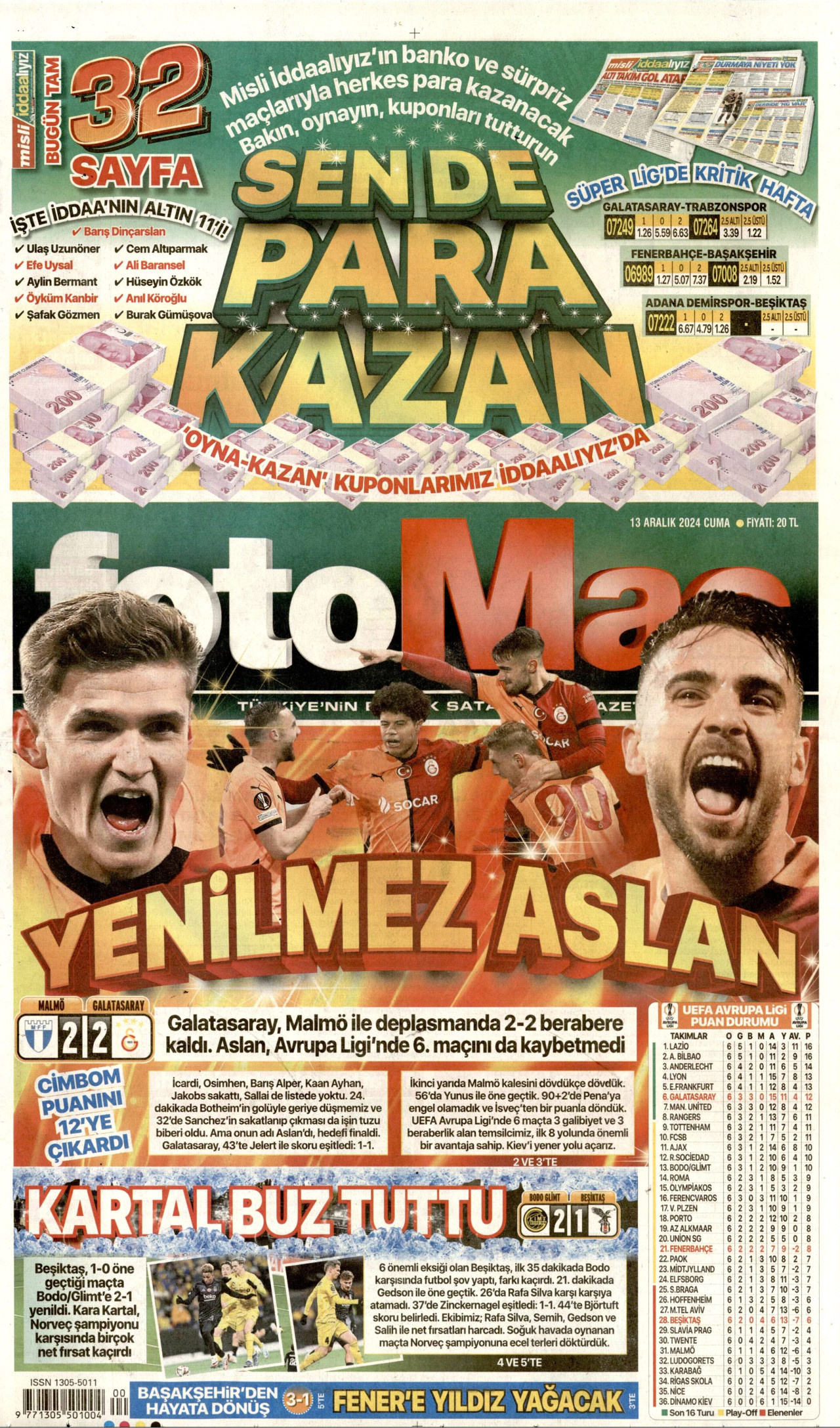 FOTOMAÇ gazetesinin 13 Aralık 2024 tarihli birinci sayfası