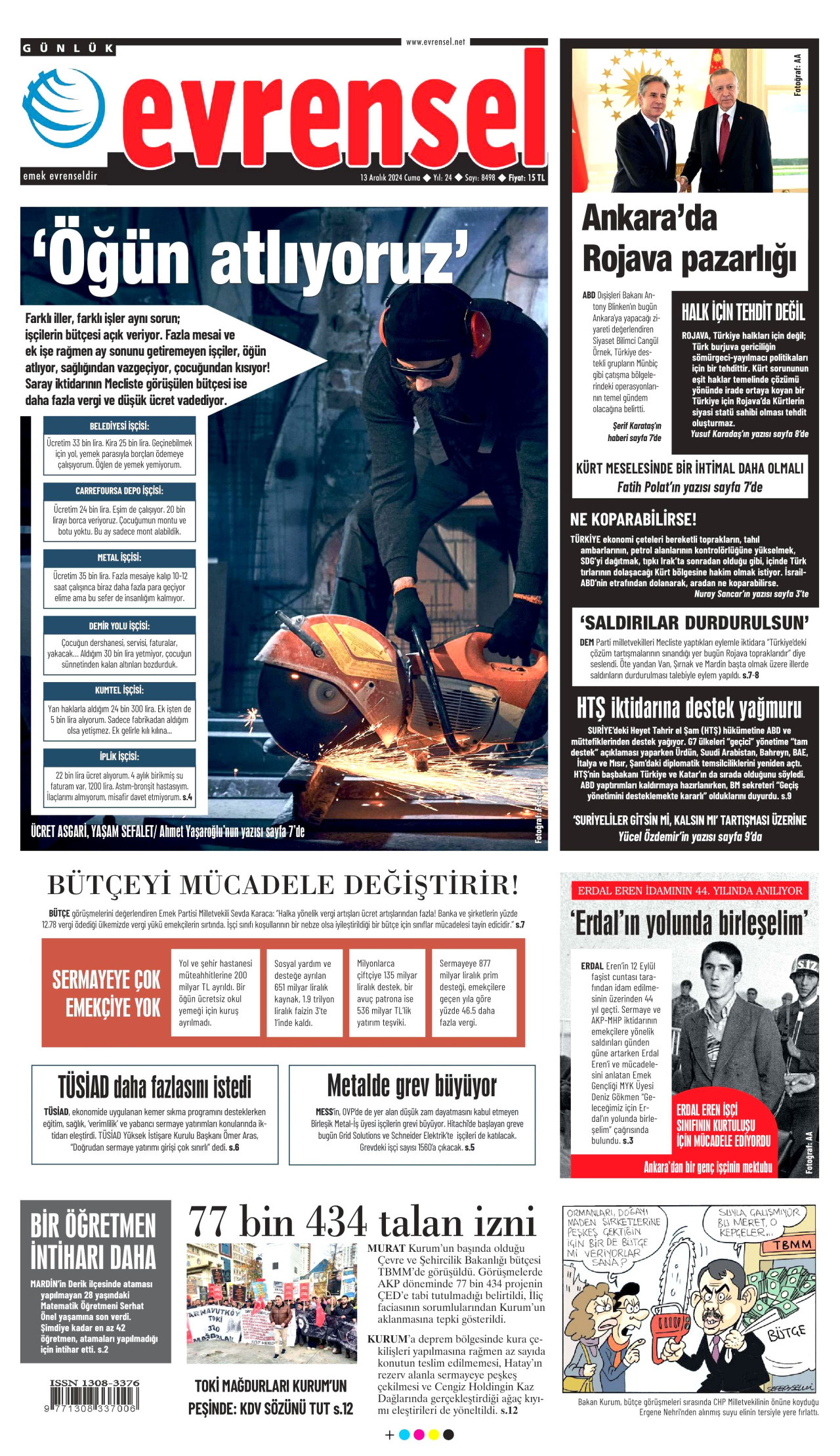 EVRENSEL gazetesinin 13 Aralık 2024 tarihli birinci sayfası