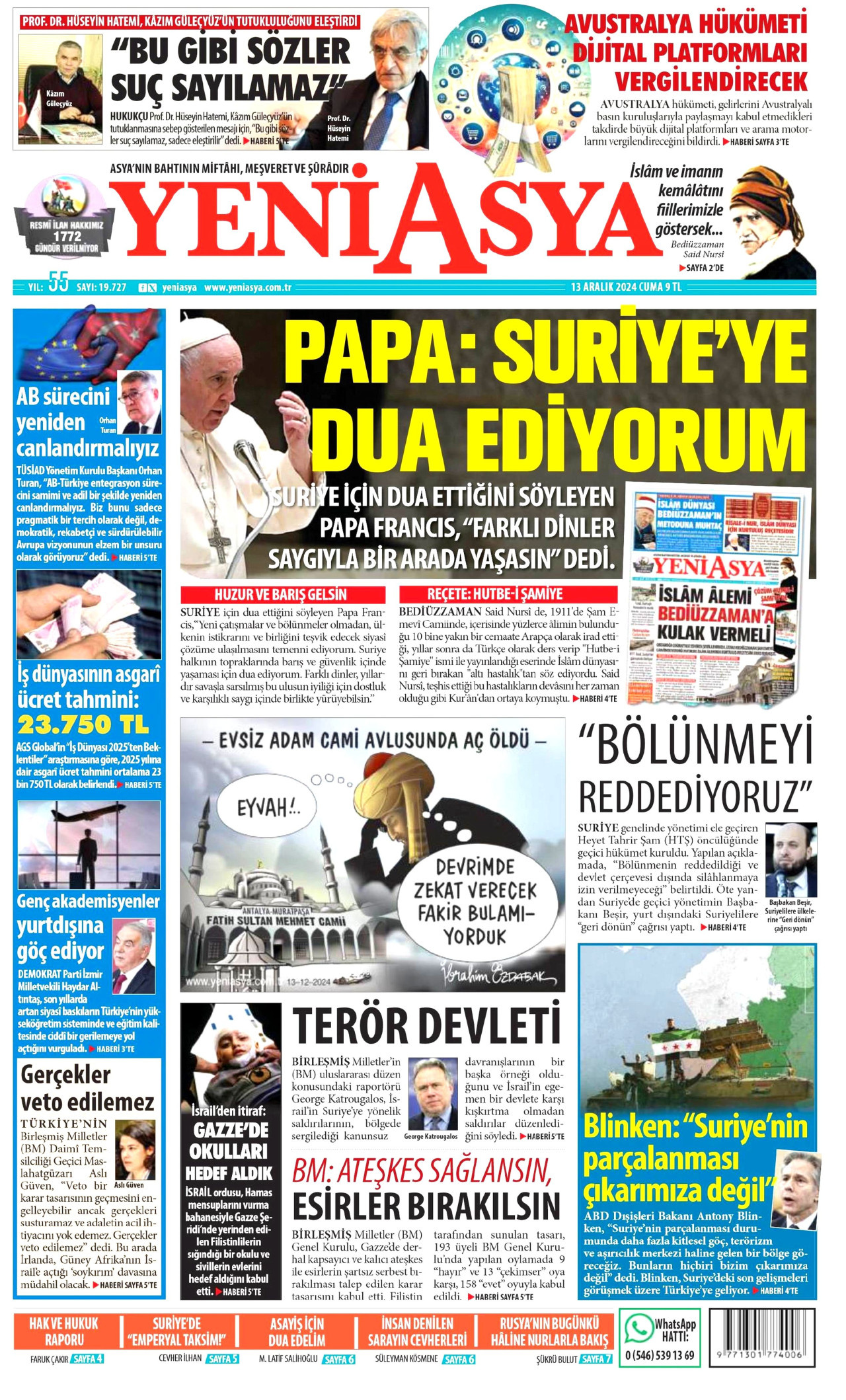YENİ ASYA gazetesinin 13 Aralık 2024 tarihli birinci sayfası