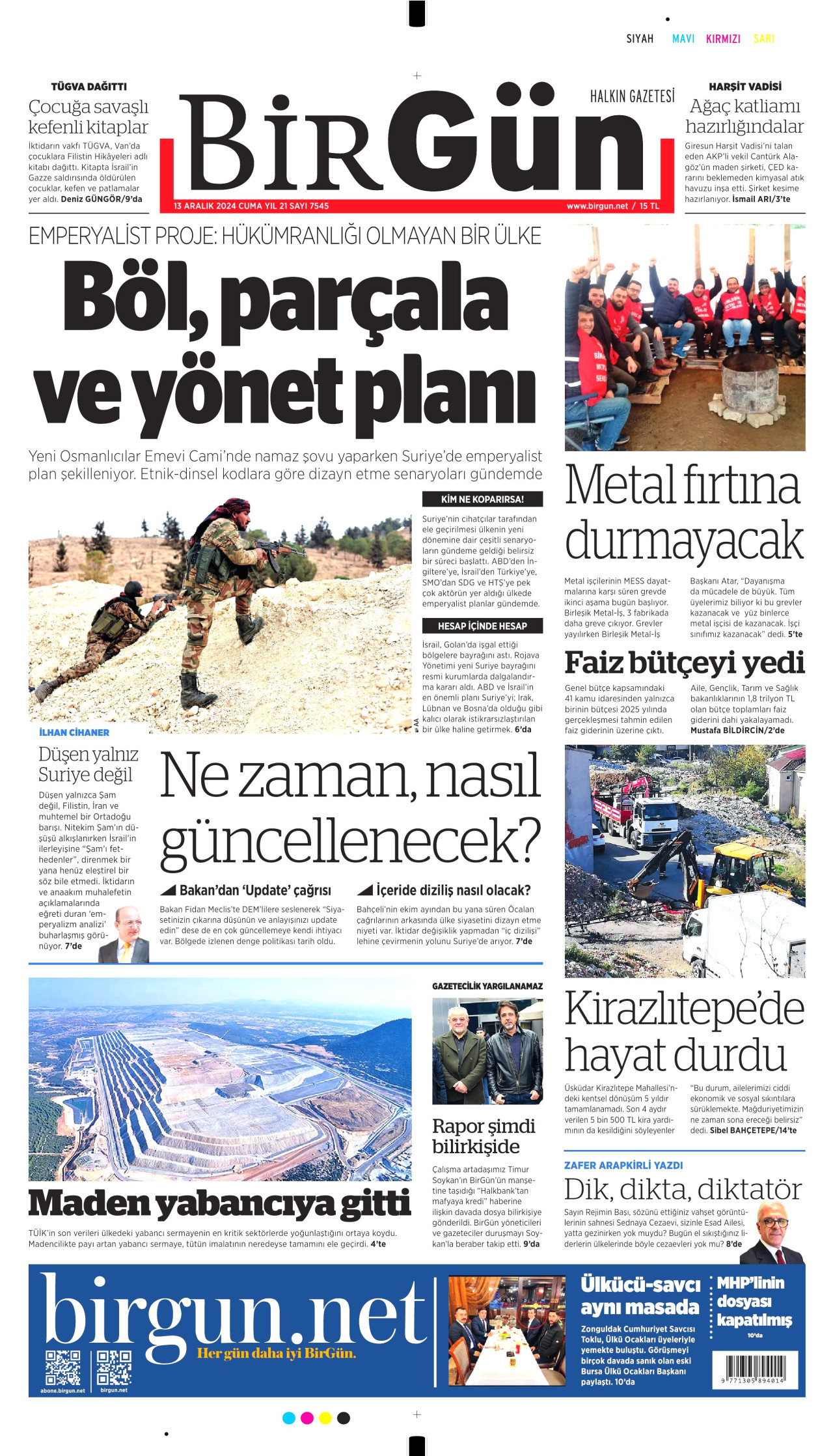 BİRGÜN gazetesinin 13 Aralık 2024 tarihli birinci sayfası