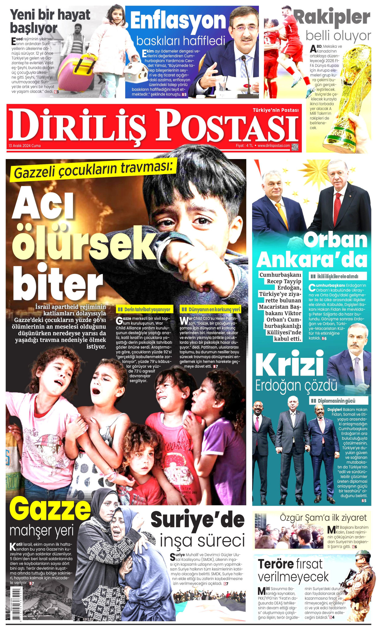 DİRİLİŞ POSTASI gazetesinin 13 Aralık 2024 tarihli birinci sayfası