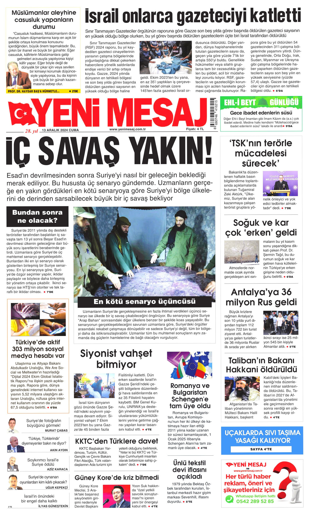 YENİ MESAJ gazetesinin 13 Aralık 2024 tarihli birinci sayfası