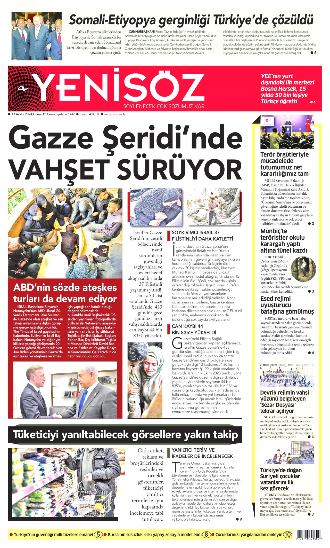 YENİ SÖZ GAZETESİ gazetesinin 13 Aralık 2024 tarihli birinci sayfası