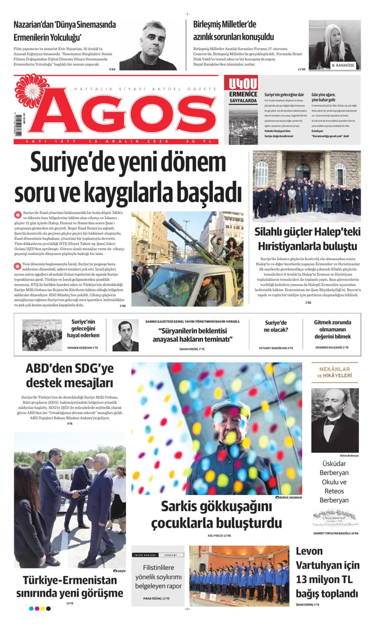 AGOS gazetesinin 13 Aralık 2024 tarihli birinci sayfası