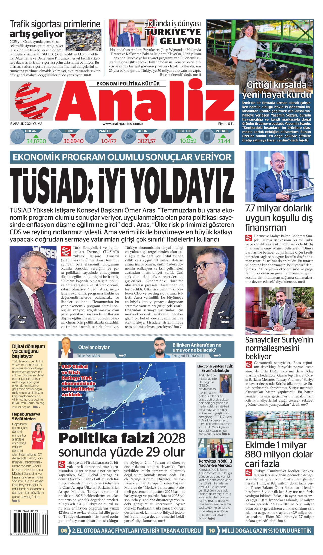 ANALİZ gazetesinin 13 Aralık 2024 tarihli birinci sayfası